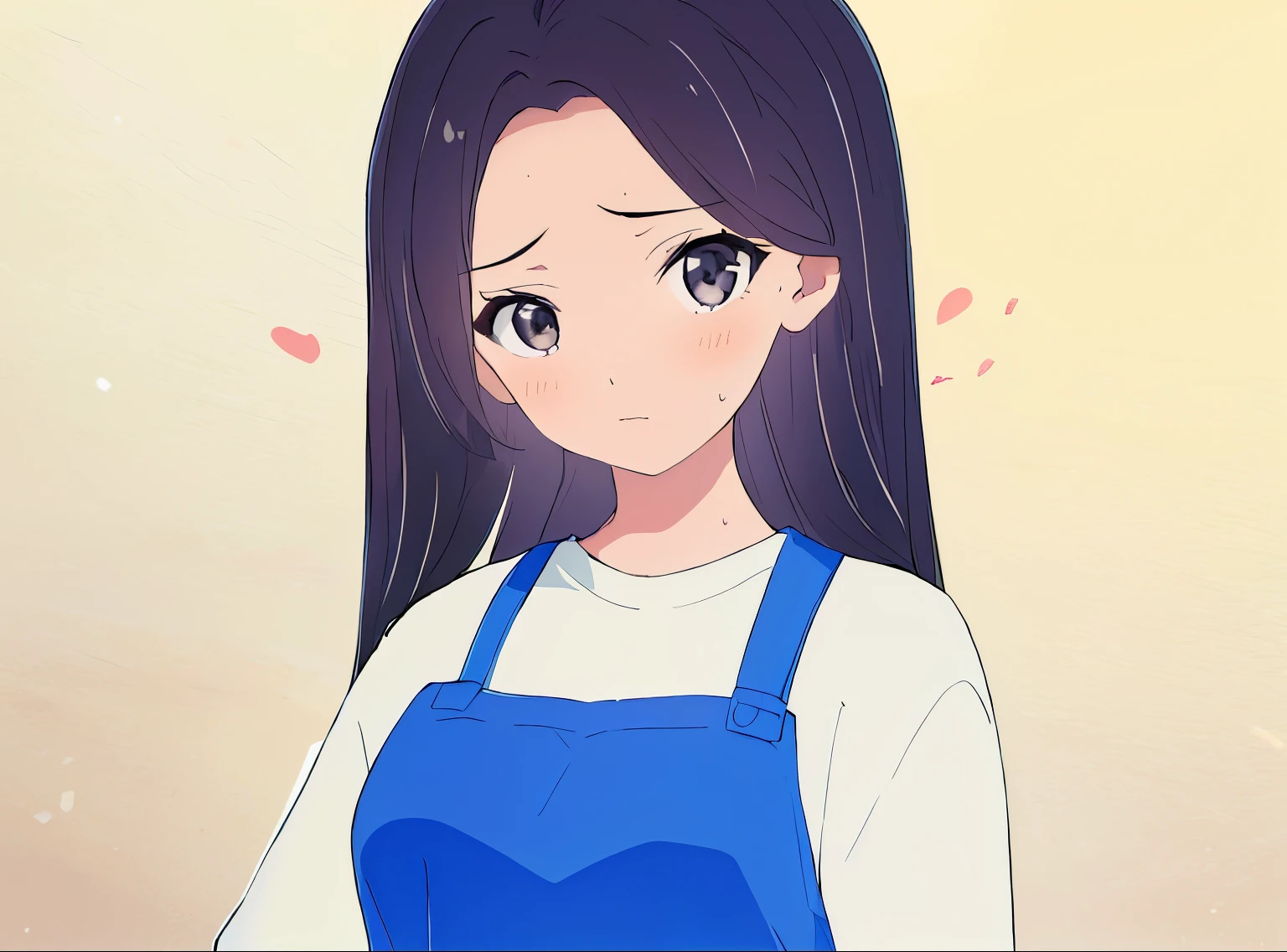 girl、focus on the face、long hair、looking at me、masterpiece、highest quality、troubled look、sweating、wearing a sweatshirt、wearing an apron