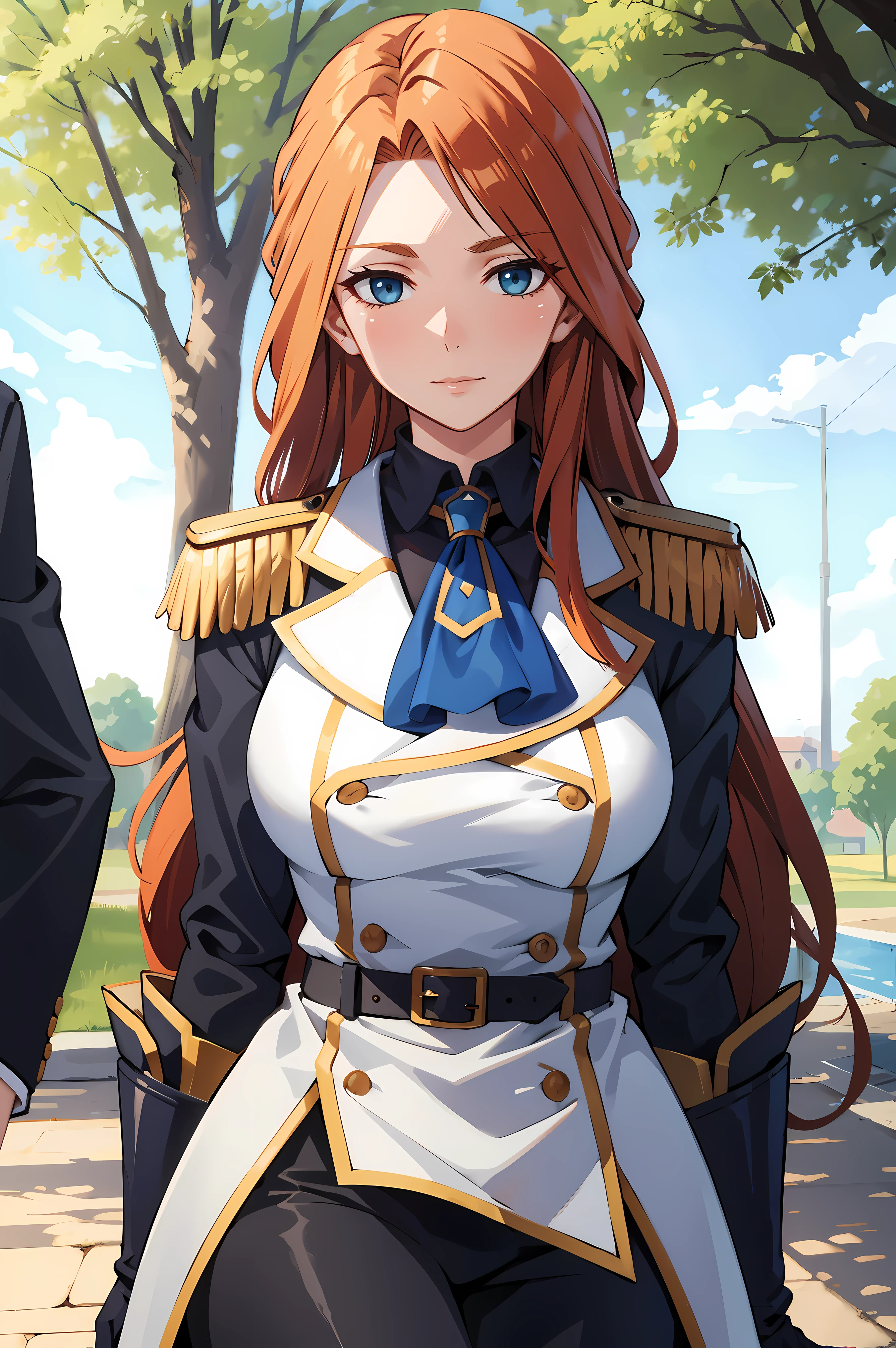 tall body, tall, long legs, adult female, adult, adult, simple background eft_vermeil_orange, 1girl, upper body, long hair, solo, blue eyes, boots, gloves, epaulettes, upper body, white gloves, pants, focus solo, looking at viewer, brown hair, belt, black footwear, coat, ascot, knee boots, rapier, uniform, long sleeves, closed mouth, solo focus, big , sarong, orange hair, in the park