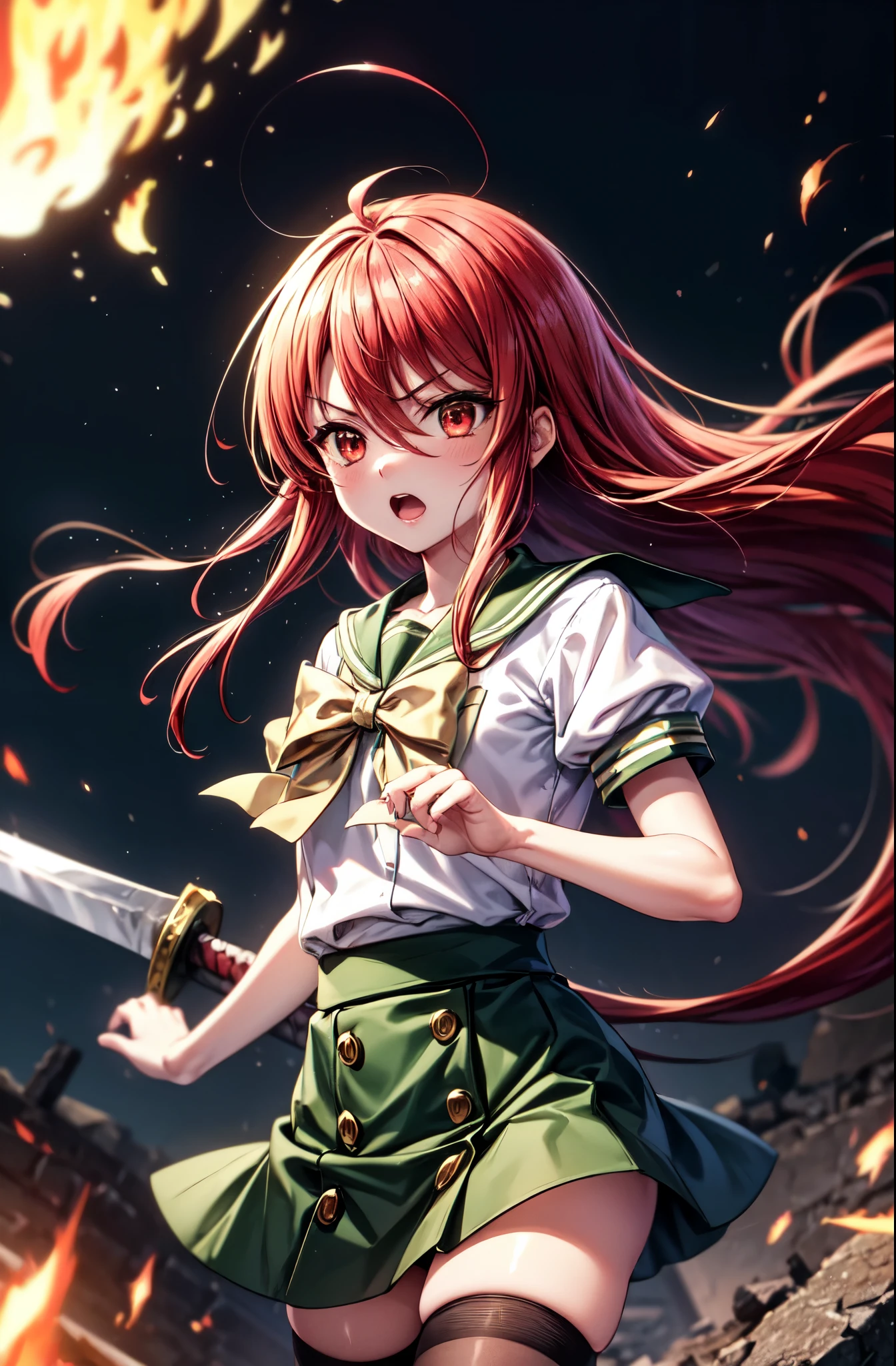 Anime girl with long red hair holding a sword in front of a fire ...