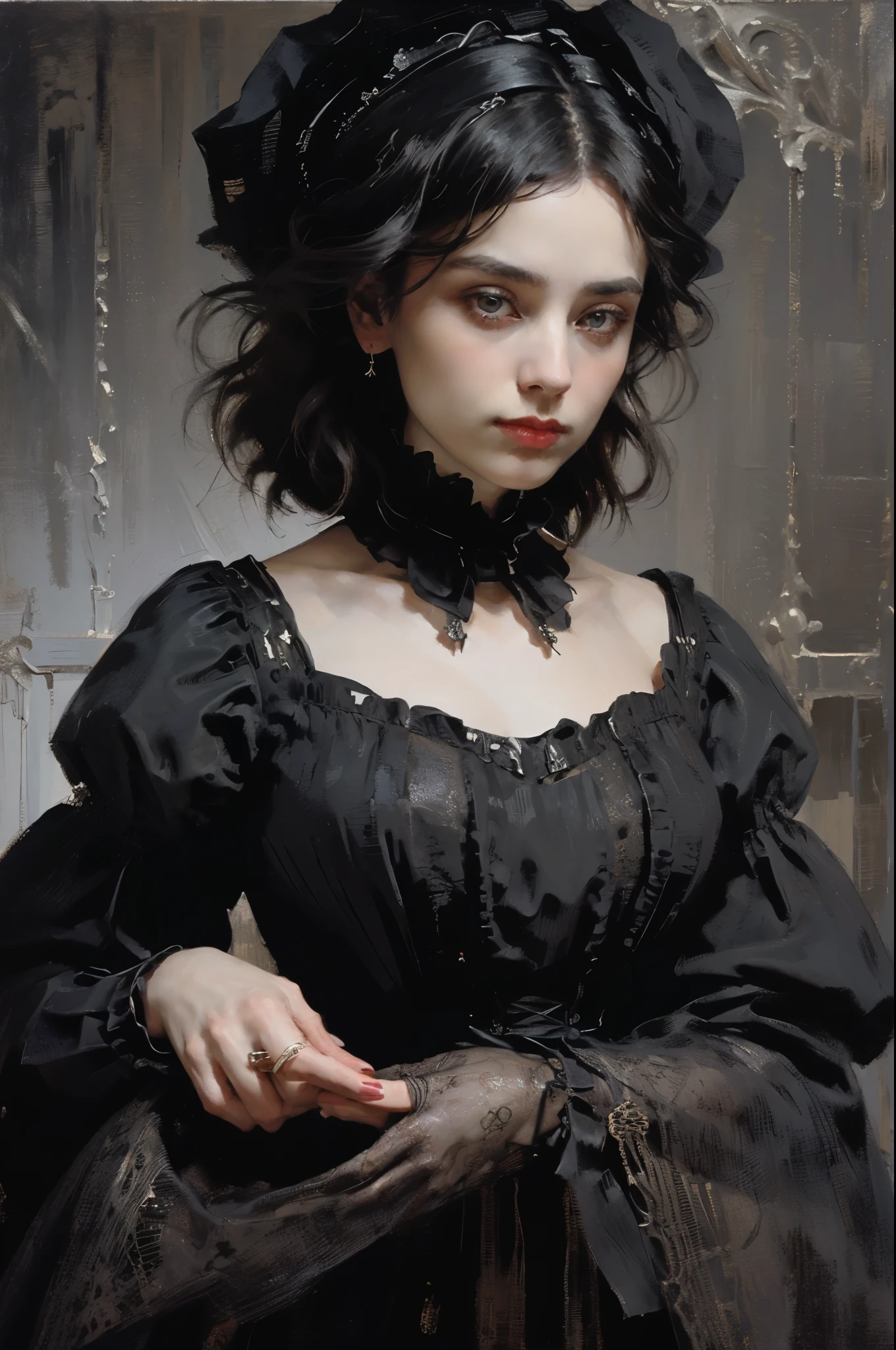 classical painting, ((close-up: 1.3)), details of the hands of a girl in a black dress, (Victorian evening dress: 1.3), young girl, pale skin of the hands, hands, detailed drawing of the hands, thin fingers, ring with ruby, monochrome image with accent color,