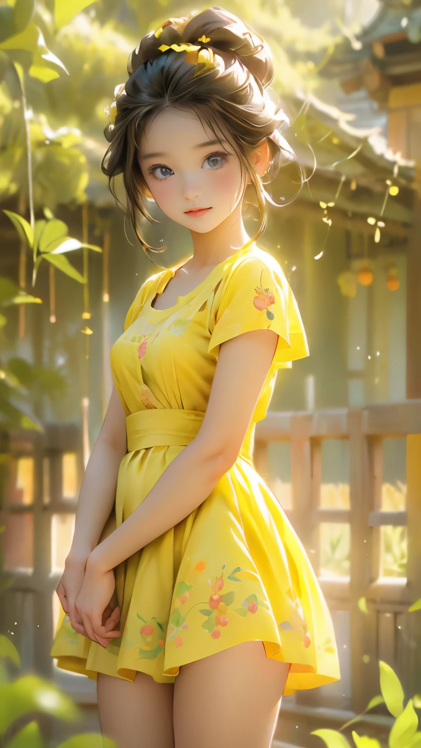 Anime portrait picture of a beautiful cute  girl in a lonely meadow, wearing flowery short yellow color swirly frock, attractive feminine form, beautiful thighs, morning light, Disney Pixar