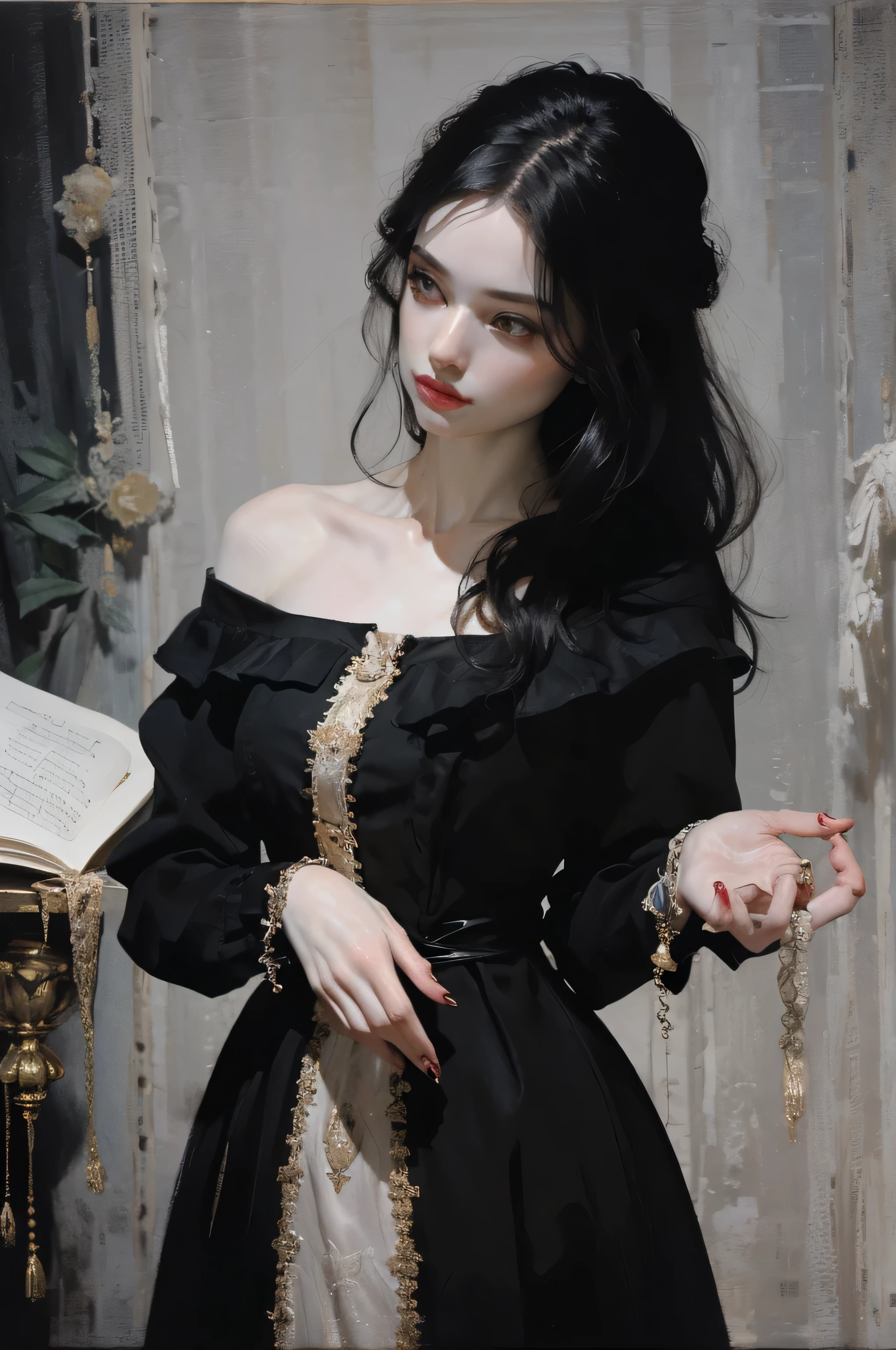 classical painting, ((close-up of Hands: 1,3)), details of the Hands of a girl in a black dress, pale skin of the girl’s Hands, Hands, detailed drawing of the Hands, Fine Fingers, ring with ruby on fingers, monochrome image with accent color,
