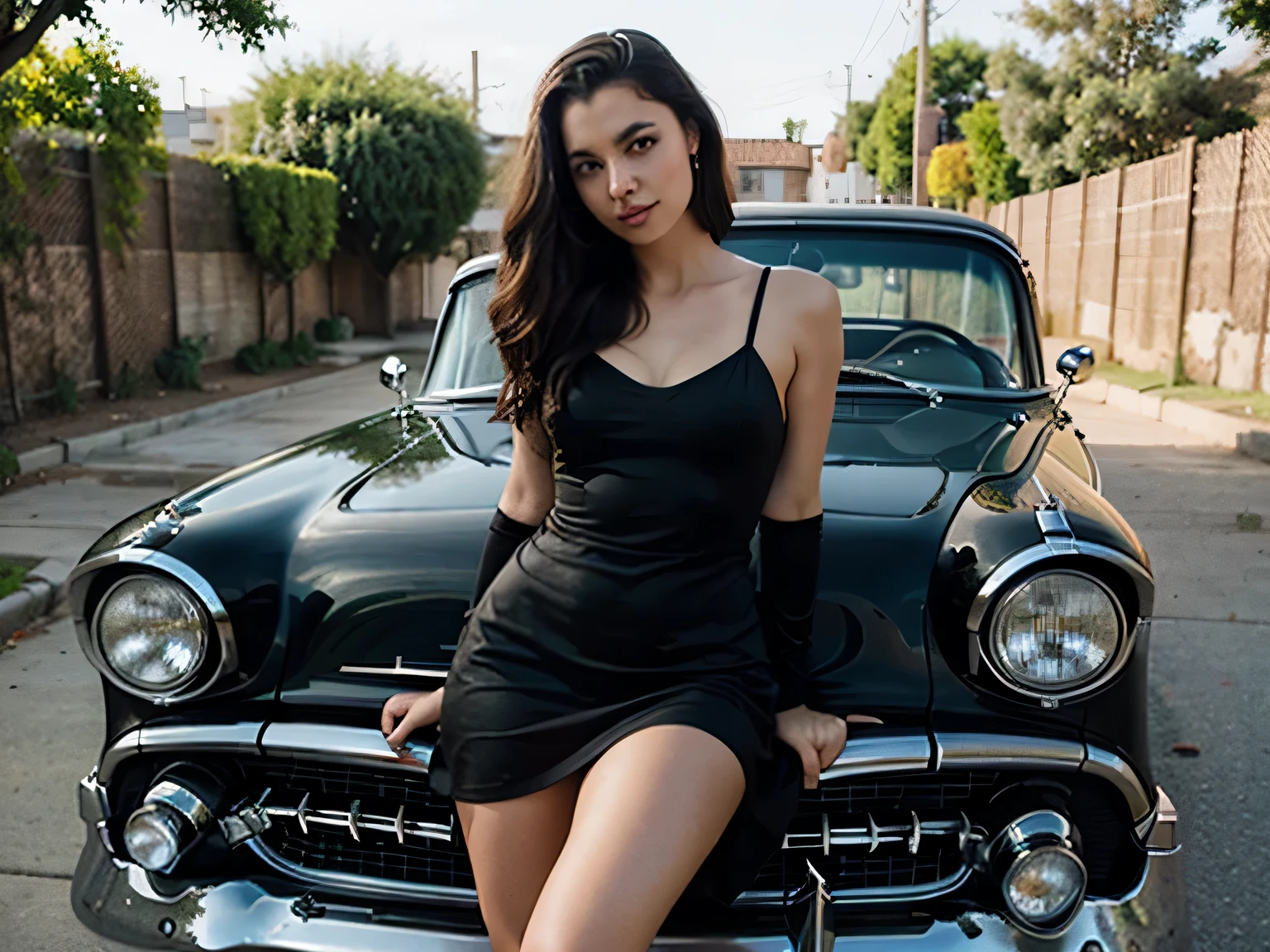 A beautiful girl with the perfect face and in a black dress is leaning against a 1959 Chevrolet Bel Air, RODA ESTRELA, RODA LARGA, COLOR PRETRRO METALLIC, Headlights on, VIDROS ESCUROS, DETALHES EM COR DOURADO, FRISOS EM COR DOURADA, TETO SOLAR, ESCAPAMENTOS LATERAIS, FIRE DESIGN ON THE FRONT HOOD,