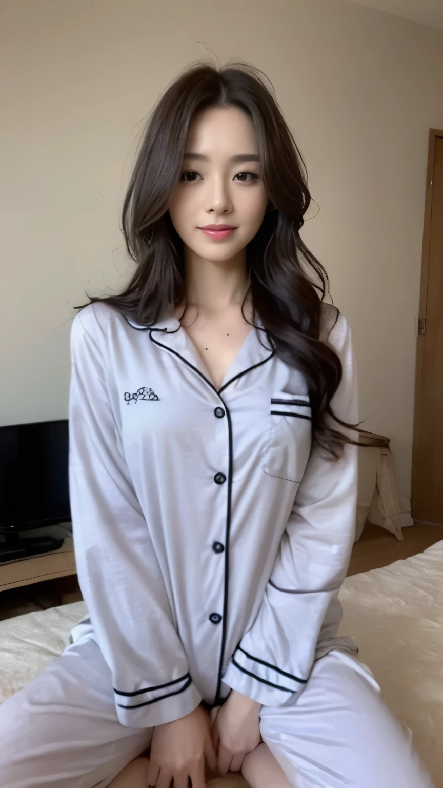 A close up of a woman sitting on a bed wearing a white shirt - SeaArt AI