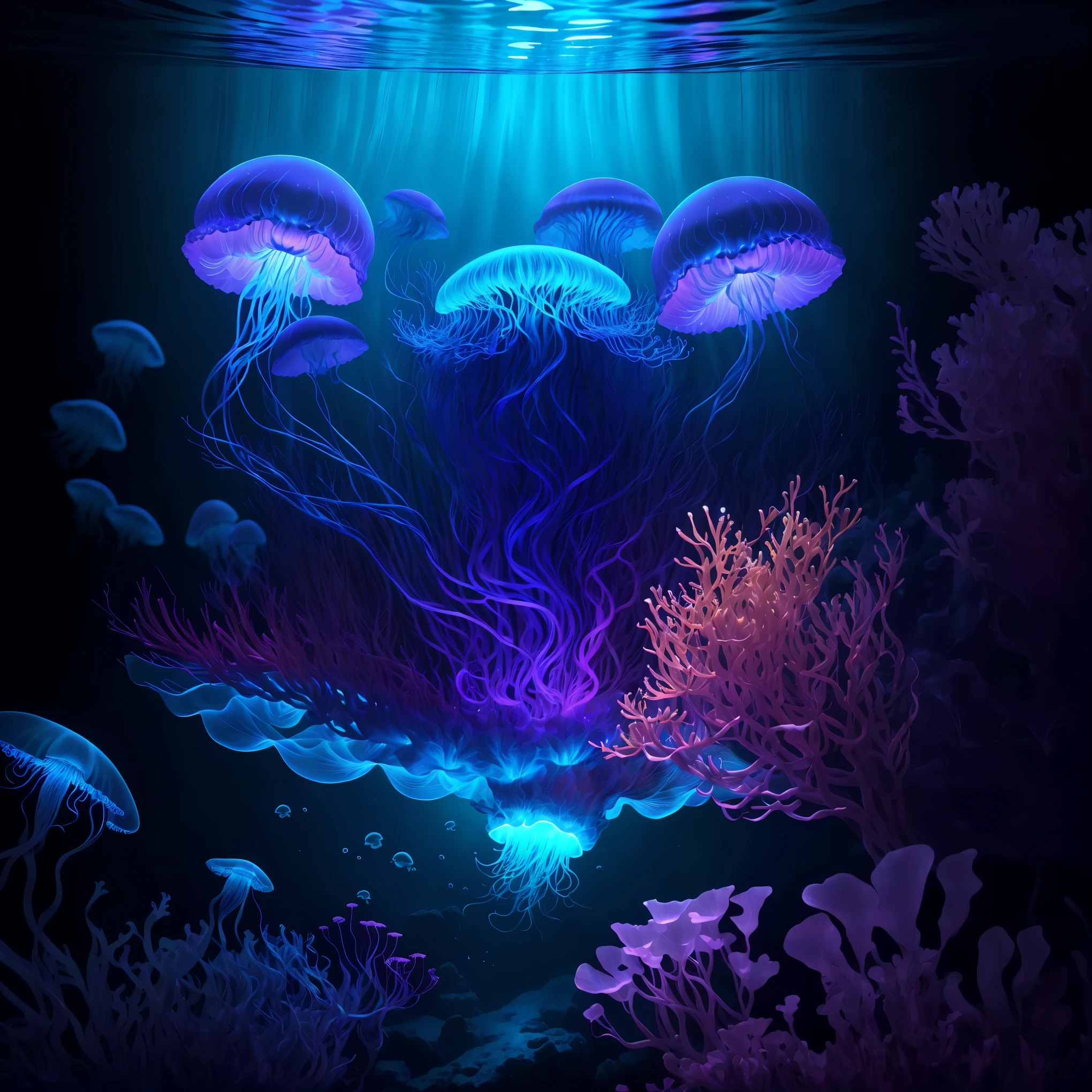 A glowing jellyfish floating underwater,translucent,body,sea creature,marine life,beautiful tentacles,(best quality,4k,8k,highres,masterpiece:1.2),ultra-detailed,(realistic,photorealistic,photo-realistic:1.37),underwater photography,vivid colors,studio lighting,bioluminescent