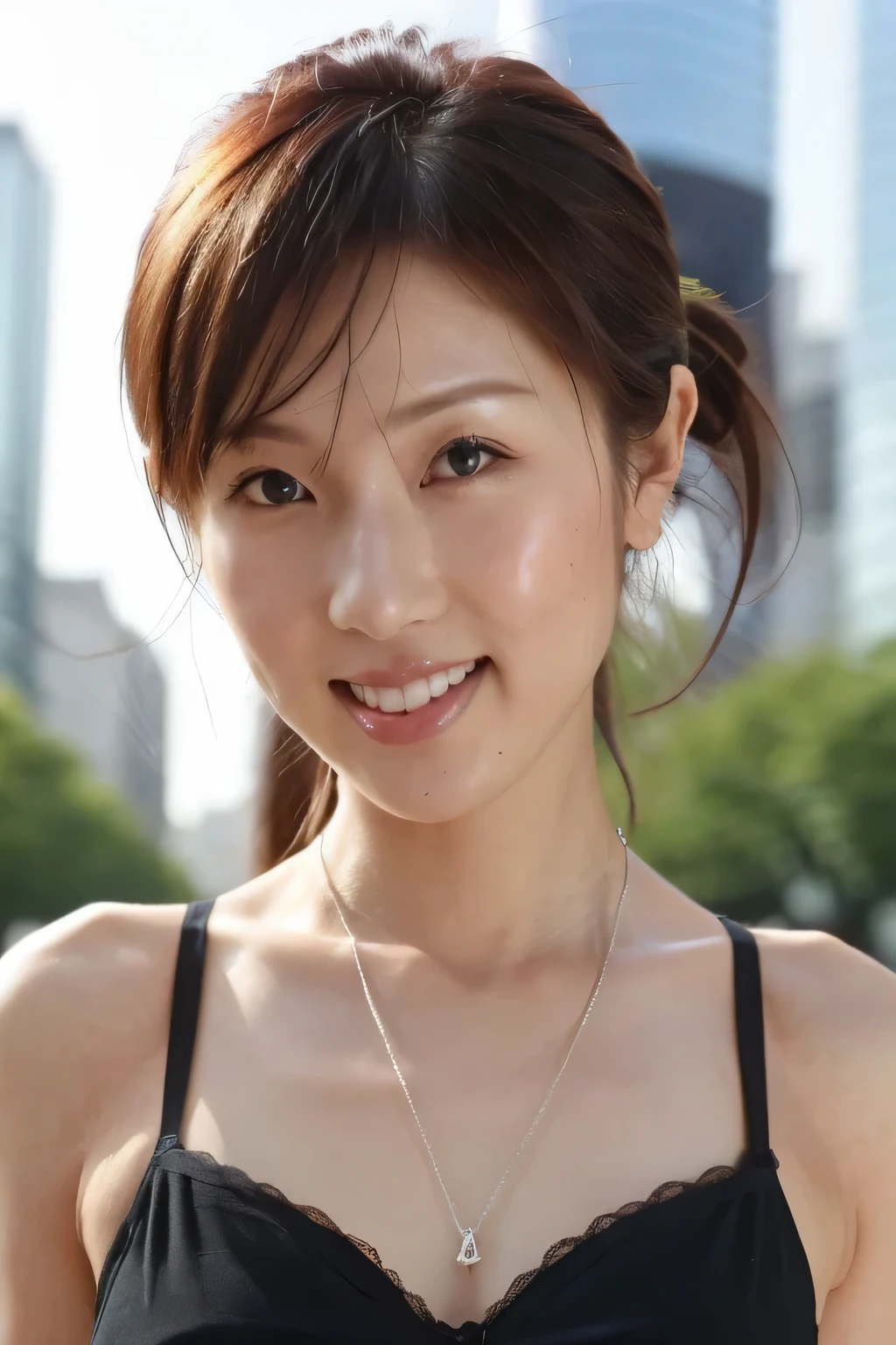 NSFW:1.3:((highest quality、8K resolution、master masterpiece、portrait:1.3)), Photoreal, 35mm film, 1 Japanese female,Beautiful woman, on the street during the day, wrinkles around the eyes、((Black sexy bra_panties:1.3)) , (outdoors_city street: 1.3), jumbled background,look at the audience,(Tokyo cityscape:1.3),