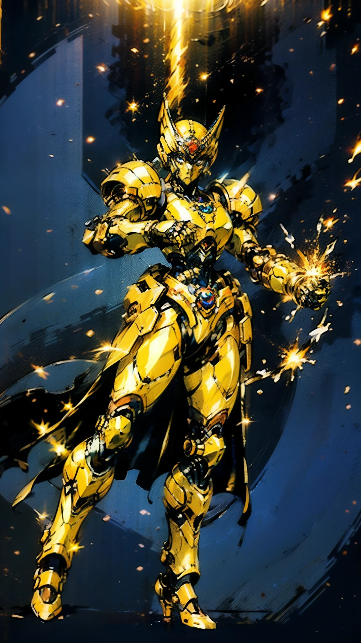 A woman adorned in fantasy-style full-body armor, a crown-concept fully enclosed helmet that unveils only her eyes, a composite layered chest plate, fully encompassing shoulder and hand guards, a lightweight waist armor, form-fitting shin guards, the overall design is heavy-duty yet flexible, ((the armor gleams with a golden glow, complemented by red and blue accents)), exhibiting a noble aura, she floats above a fantasy-surreal high-tech city, this character embodies a finely crafted fantasy-surreal style armored hero in anime style, exquisite and mature manga art style, (Queen bee mixed with Spider concept Armor, plasma, blood), ((Element, energy, elegant, goddess, femminine:1.5)), metallic, high definition, best quality, highres, ultra-detailed, ultra-fine painting, extremely delicate, professional, anatomically correct, symmetrical face, extremely detailed eyes and face, high quality eyes, creativity, RAW photo, UHD, 32k, Natural light, cinematic lighting, masterpiece-anatomy-perfect, masterpiece:1.5