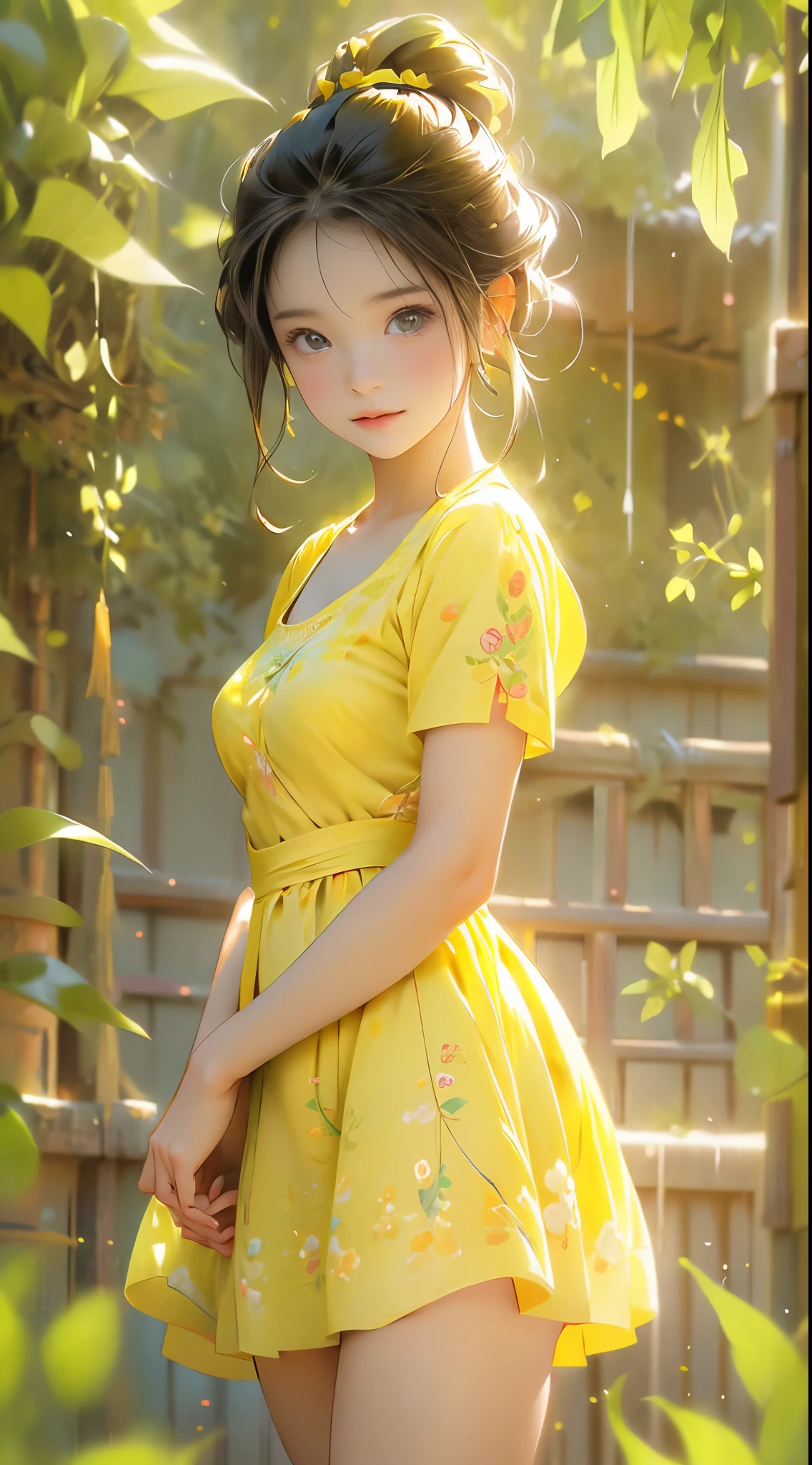 Anime portrait picture of a beautiful cute  girl in a lonely meadow, wearing flowery short yellow color swirly frock, attractive feminine form, beautiful thighs, morning light, Disney Pixar