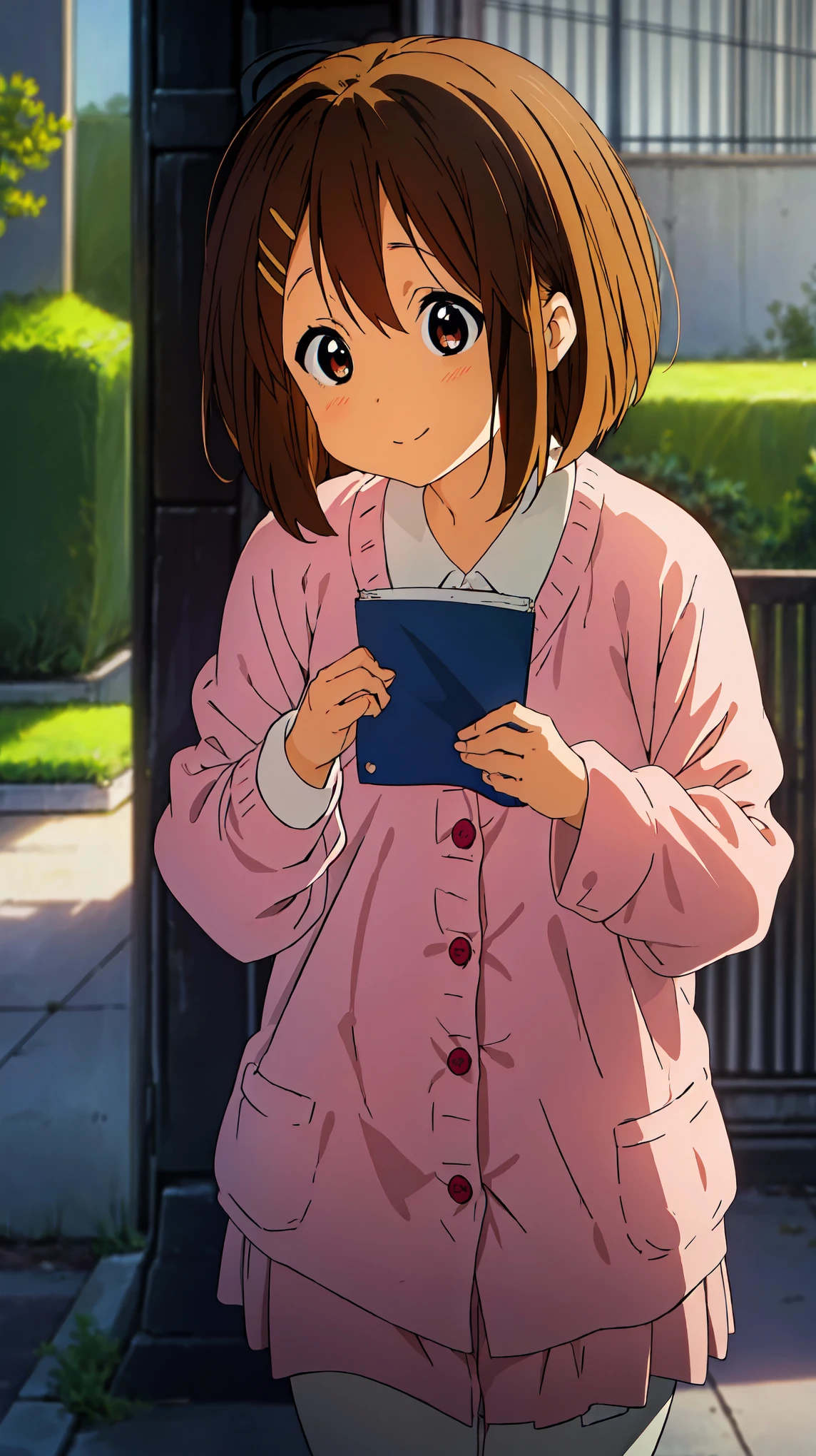 ((masterpiece)),(best quality,top quality,8k),waterpaint,illustration,paint,majestic,1girl,cute japanese girl wearing japanese school uniform,short hair,brown hair,shy face,smile,high sharpness,high res, ((girl, holding a blank paper viewing it to the viewer))