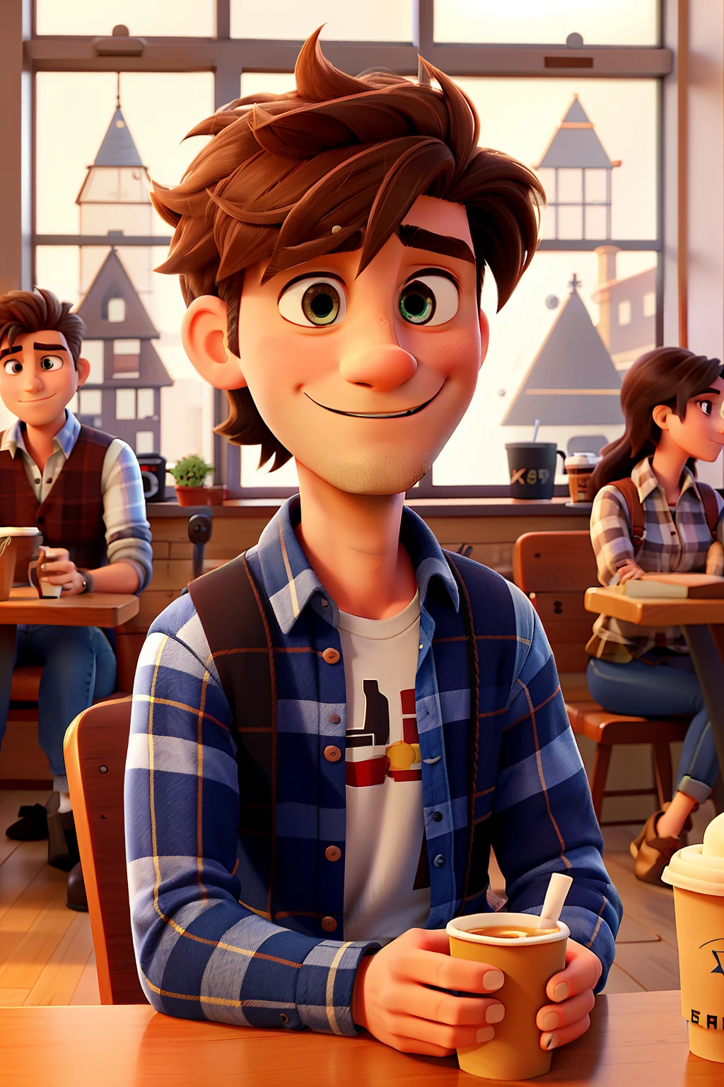 Cartoon style: A man with tousled hair and a casual outfit, consisting of a plaid shirt and jeans, gazes longingly through a window at a lady seated inside a charming coffee shop. The coffee shop is bustling with activity, filled with a diverse crowd of individuals enjoying their beverages and engaging in animated conversations.