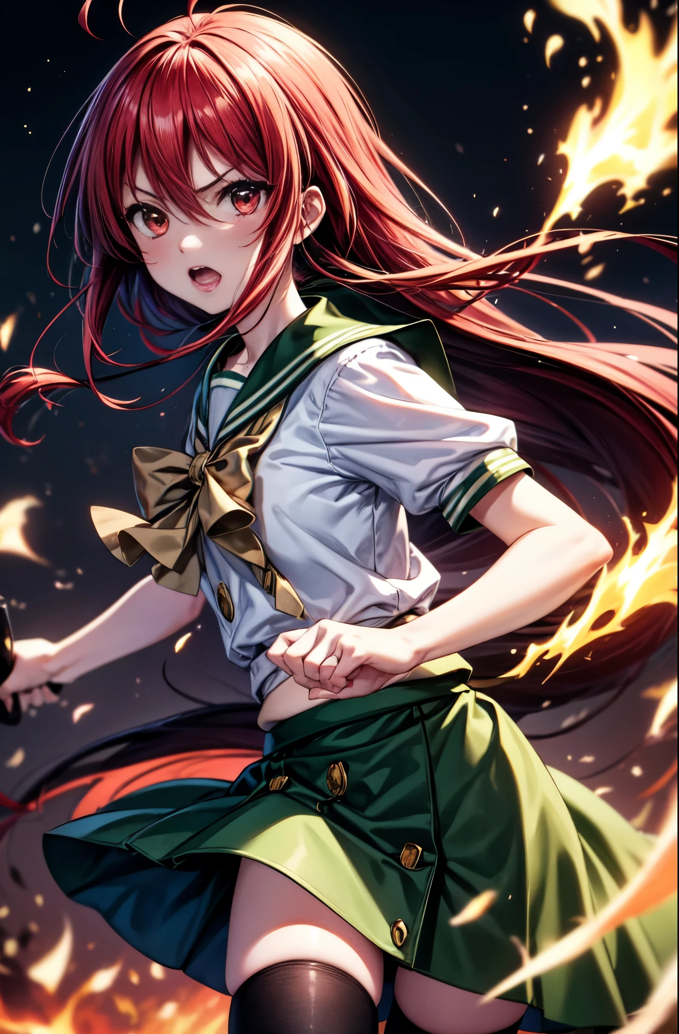 1 girl, cowboy shot, rubble ruins, anger, (battle preparation:1.2), open your mouth, (night:1.2), explosive inflammation,shana, red eyes, redhead, very long hair, hair between eyes, (Ahoge:1.1), , school uniform, serafuku, white shirt, short sleeve, green skirt, Thighhighs, black rider suit,He holds a Japanese sword wrapped in flames in both hands.,highest quality, masterpiece, High resolution, 