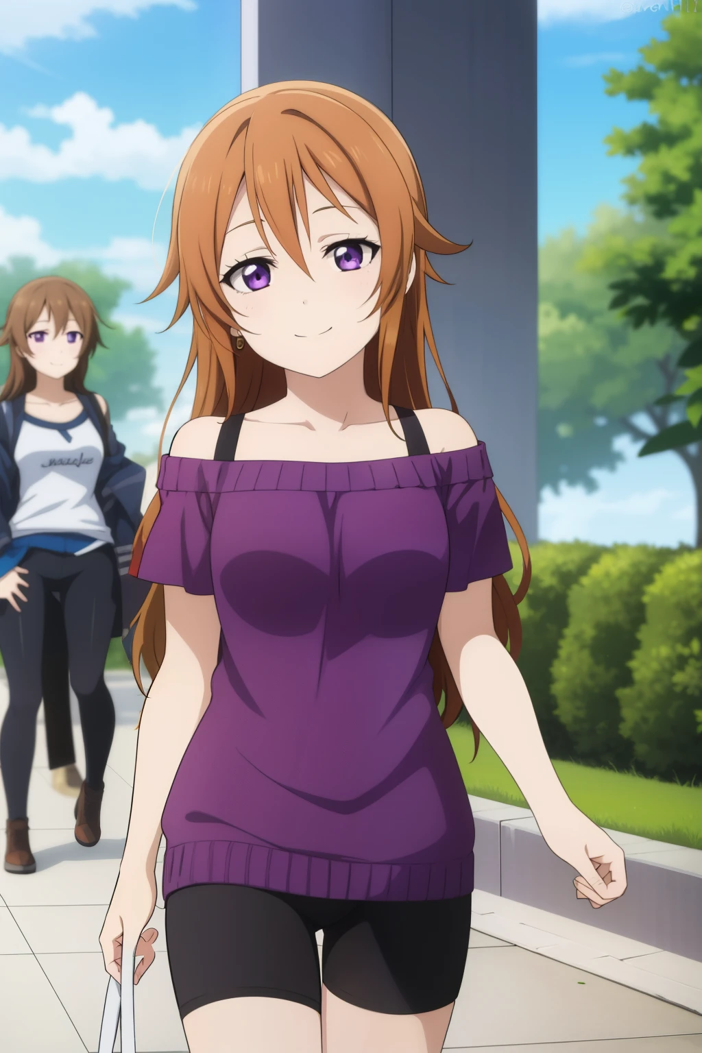 (best quality, masterpiece:1.2), (1girl, solo:1.2), smile, detailed background, (looking at viewer, solo focus:1.2),
Konoe kanata, long hair, straight hair, purple eyes, brown hair, off-shoulder, black strap, dress, purple t-shirt short, short sleeves, standing, two peace sign, solo focus, bike shorts, black bike shorts, looking ahead, bike shorts, black bike shorts,