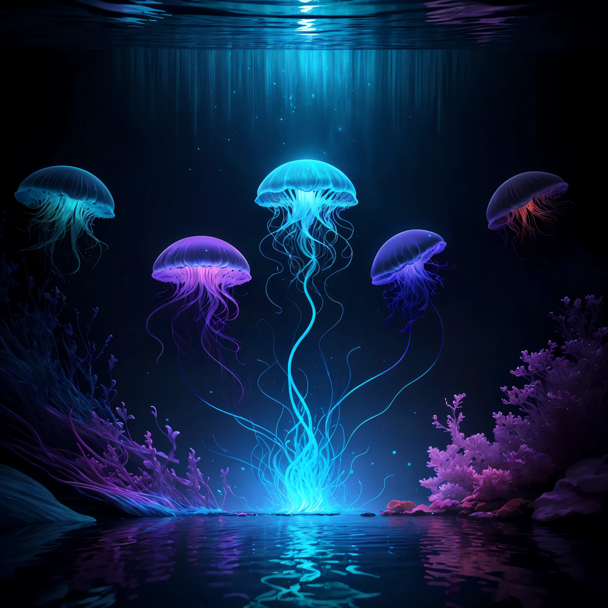 A glowing jellyfish floating underwater,translucent,body,sea creature,marine life,beautiful tentacles,(best quality,4k,8k,highres,masterpiece:1.2),ultra-detailed,(realistic,photorealistic,photo-realistic:1.37),underwater photography,vivid colors,studio lighting,bioluminescent