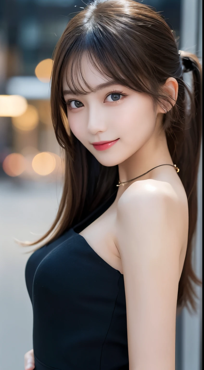 table top, highest quality, shape, Super detailed, finely, High resolution, 8k wallpaper, 完璧なダイナミックな構shape, beautiful and detailed eyes, medium hair, small breasts, natural color lip, random sexy pose,smile,20 year old girl、midnight、beautiful and detailed face、perfect and beautiful face,Big eyes、RAW photo、Expressing feminine poses with your whole body、beautiful and detailed eyes、small face、beautiful duplex、slim face and style,luxury brand mink coat(inside：black winter dress)、beautiful golden ratio face,twin ponytail hair,smile