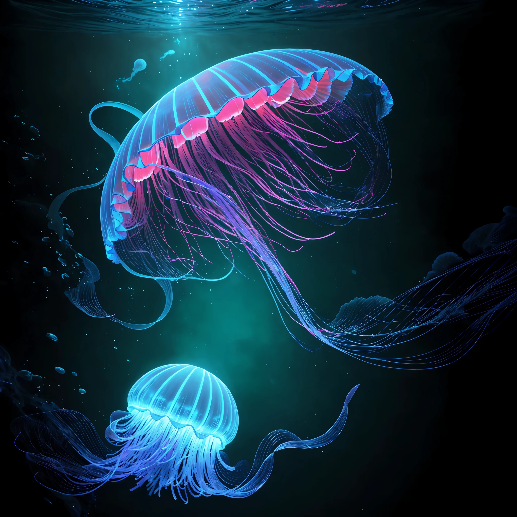 A glowing jellyfish floating underwater,translucent,body,sea creature,marine life,beautiful tentacles,(best quality,4k,8k,highres,masterpiece:1.2),ultra-detailed,(realistic,photorealistic,photo-realistic:1.37),underwater photography,vivid colors,studio lighting,bioluminescent