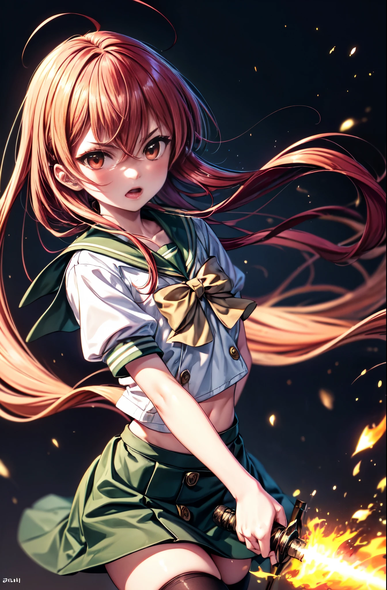 1 girl, cowboy shot, rubble ruins, anger, (battle preparation:1.2), open your mouth, (night:1.2), explosive inflammation,shana, red eyes, redhead, very long hair, hair between eyes, (Ahoge:1.1), , school uniform, serafuku, white shirt, short sleeve, green skirt, Thighhighs, black rider suit,He holds a Japanese sword wrapped in flames in both hands.,highest quality, masterpiece, High resolution, 