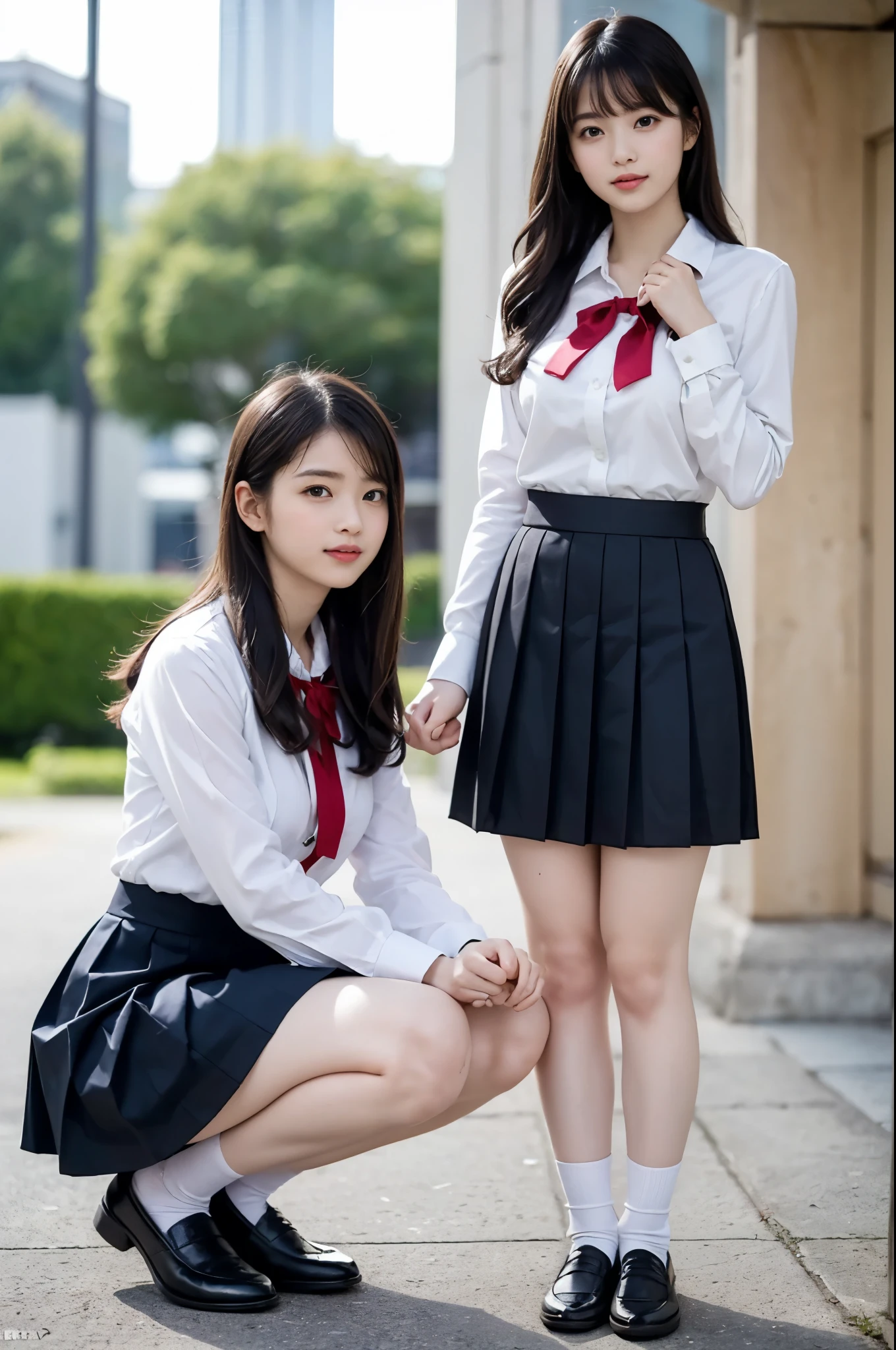 （NSFW：0.99）（big breasts：2.0）、heavy chest、no panties、(white blouse shirt), (red bow tie on the collar of a white shirt)(navy pleated skirt), high school girl uniform、knees高解像度、High level image quality、8k、RAWphotographgraphy、highest quality、masterpiece、table top、gentle smile、、student、black skin,knees,(black pantyhose）,low angle shot from below、absurd,small face、huge breasts、Beautiful straight and shiny long hair、Beautiful shining straight hair、long hair curled vertically、hair flowing from shoulders to chest、thick, well-groomed bangs、hairline flowing down the sides of the face,hair accessory、masterpiece,highest quality、ultra high resolution,RAWphotograph,only,,one person, one personで,very nice、woman&#39;日本人woman,Are standing,（Photoreal：1.37）、photon mapping,pink ribbon,realistic、かわいいsmall face,brown eyes、black socks、22 years ago、radio city、物理ベースのonlyダリング、prospect、written boundary depth、blurred background、photograph,girl、body,beautiful feet, long legs, thin legs, soft nose,(white blouse shirt), (red ribbon tie)(navy pleated skirt), kneesが見える,thin clothes,, thigh, black cotton socks,Nogizaka Idol, actress, Japanese ID、sparkling eyes、glossy lips、skirt lift、squatting pose、kneesを曲げて座る、Spread your legs and squat down、show and sit、black loafers、black shoes