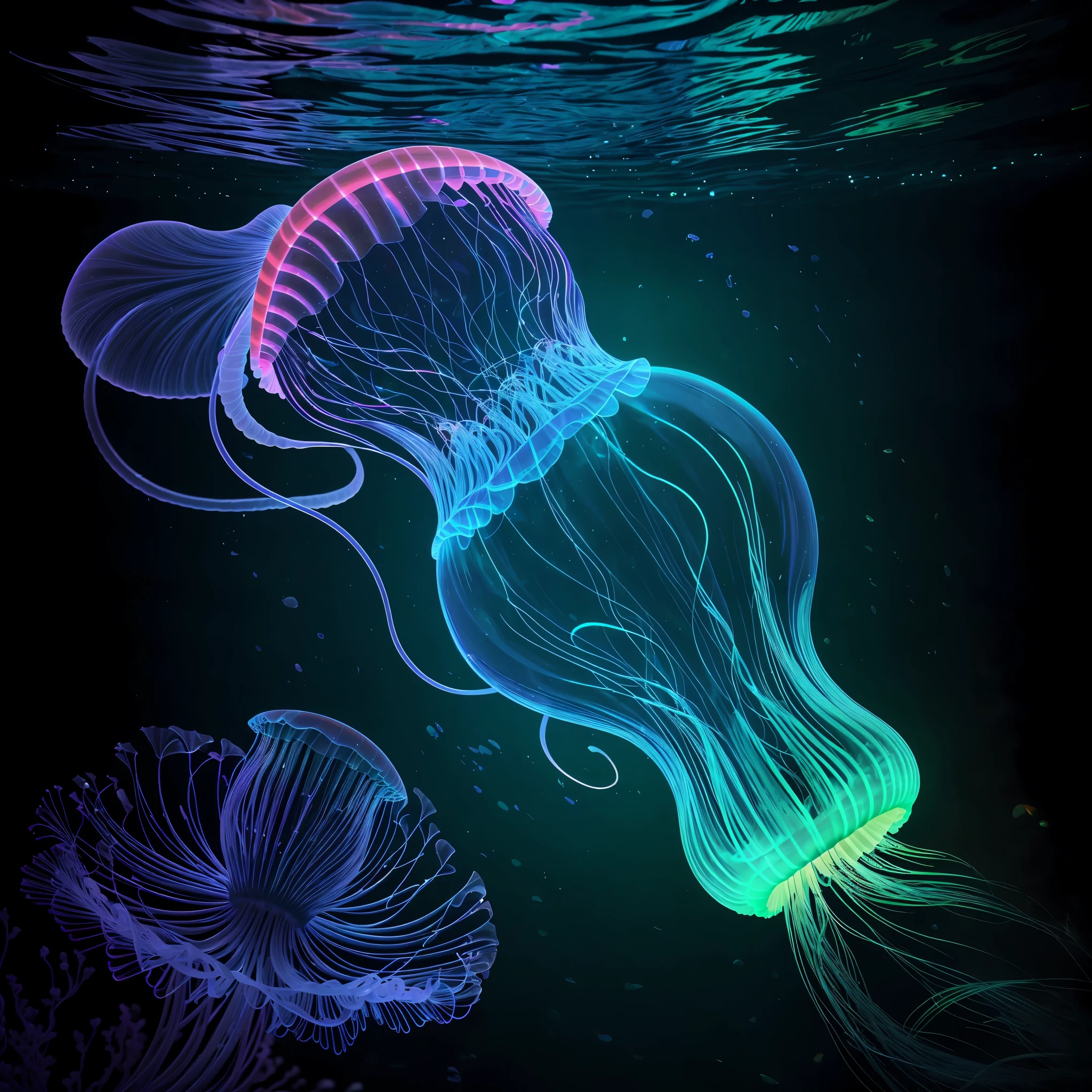 A glowing jellyfish floating underwater,translucent,body,sea creature,marine life,beautiful tentacles,(best quality,4k,8k,highres,masterpiece:1.2),ultra-detailed,(realistic,photorealistic,photo-realistic:1.37),underwater photography,vivid colors,studio lighting,bioluminescent