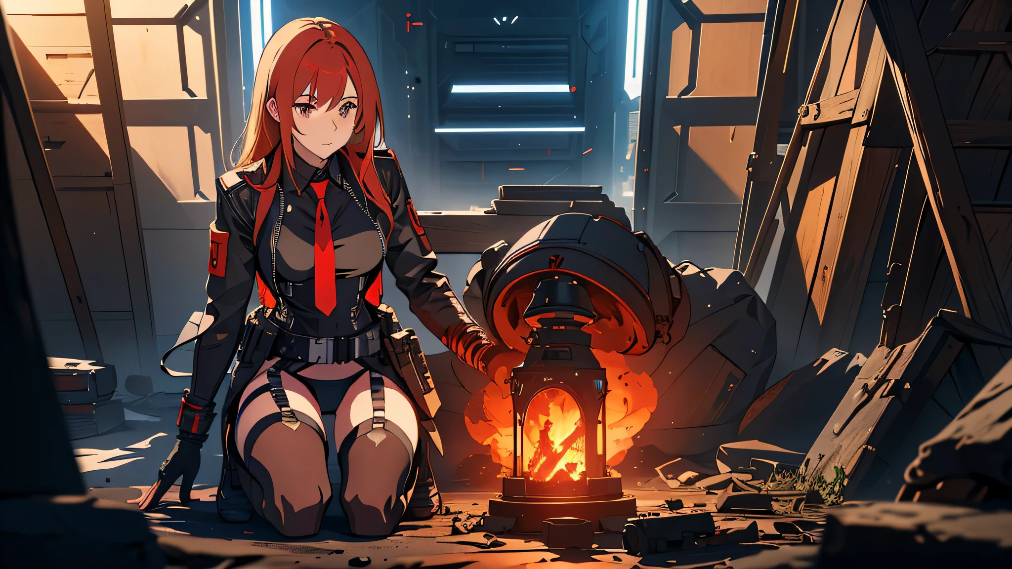 ((Best quality)), ((masterpiece)), (detailed:1.4), 3D, an image of a beautiful cyberpunk female, long burning red hair, burning hair, light brown eyes, red Barret, Black Soldier Shirt, Black under cloth, black panty, Grenade belt, Big chest, Big thigh, High thigh black knee sock, full view of girl, battlefield background, black combat boot, red necktie, black glove, black combat suit, black jacket, black cloak, black panty, ammo belt, HDR (High Dynamic Range),Ray Tracing,NVIDIA RTX,Super-Resolution,Unreal 5,Subsurface scattering,PBR Texturing,Post-processing,Anisotropic Filtering,Depth-of-field,Maximum clarity and sharpness,Multi-layered textures,Albedo and Specular maps,Surface shading,Accurate simulation of light-material interaction,Perfect proportions,Octane Render,Two-tone lighting,Wide aperture,Low ISO,White balance,Rule of thirds,8K RAW,