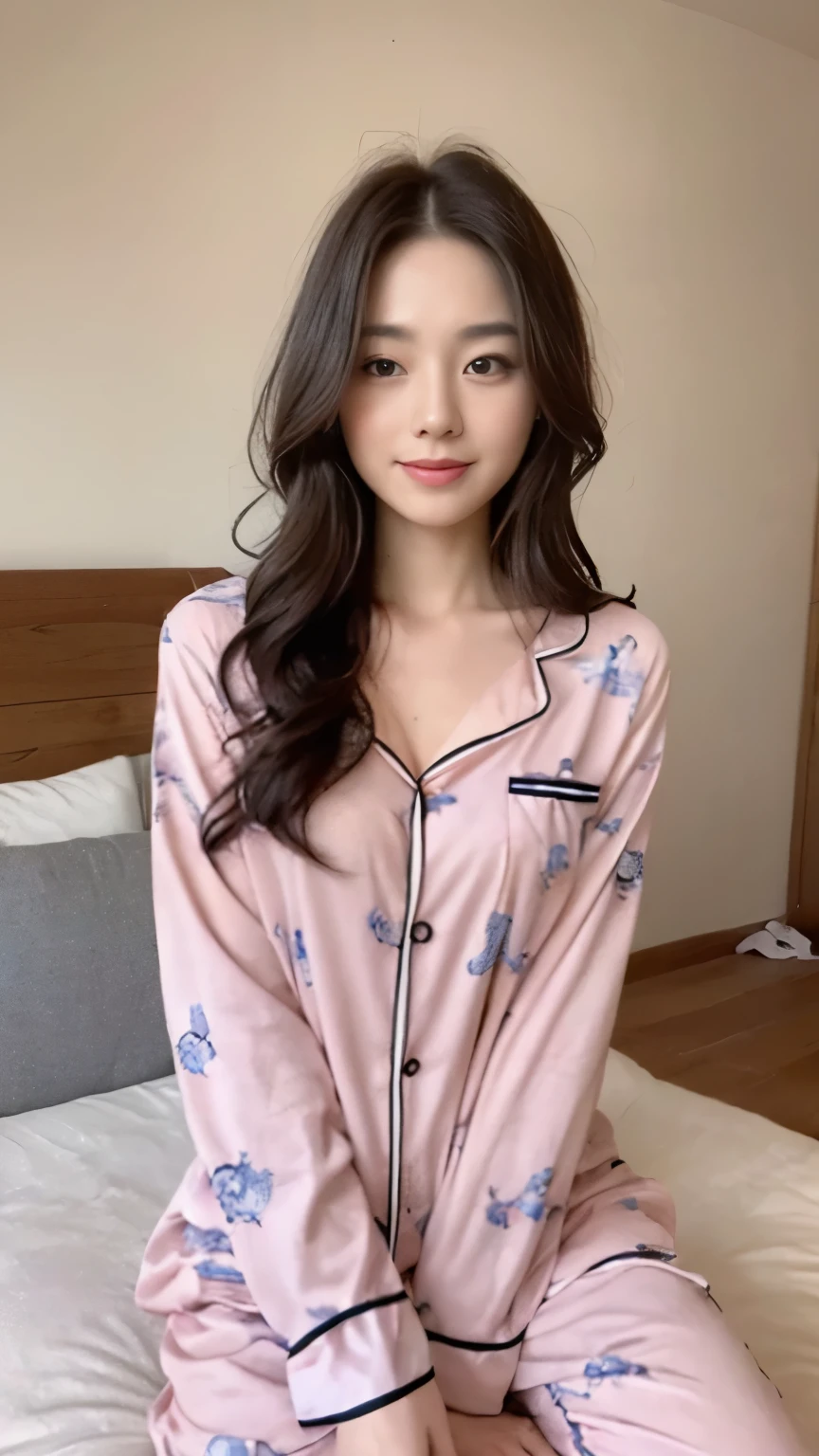 ((top-quality、8k、​masterpiece:1.3))、Beautiful woman with perfect body:1.4、slim abdomen:1.2、Longhair, normal breast, Highly detailed facial and skin texture, A detailed eye, delicate eyes, double eyelid, (smile), (full body shot), ((bedroom)), (sitting on bed), (((wearing pyjamas)), looking in front