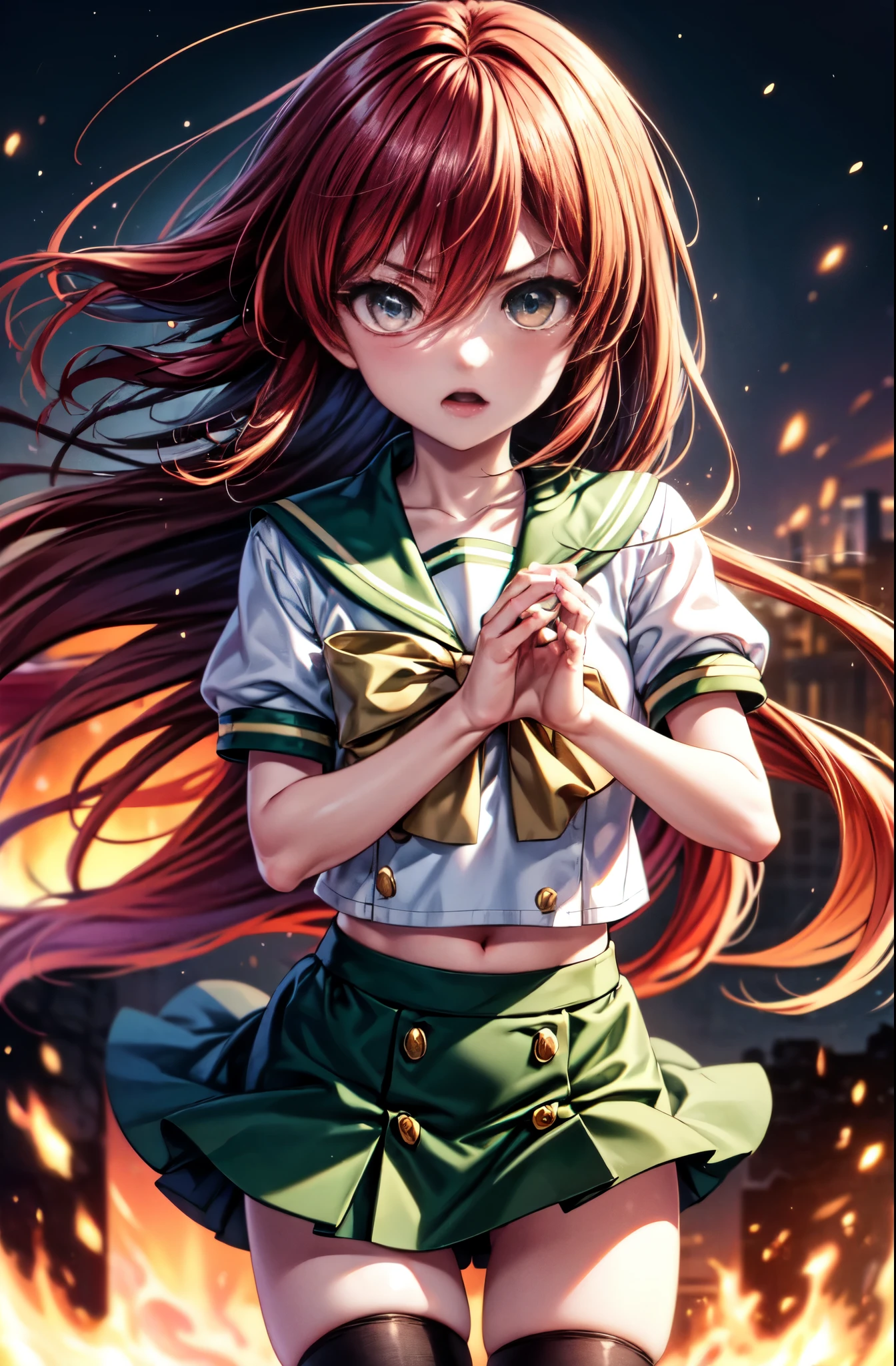1 girl, cowboy shot, rubble ruins, anger, (battle preparation:1.2), open your mouth, (night:1.2), explosive inflammation,shana, red eyes, redhead, very long hair, hair between eyes, (Ahoge:1.1), , school uniform, serafuku, white shirt, short sleeve, green skirt, Thighhighs, black rider suit,Japanese sword wrapped in flames with both hands 1:have 1, (masterpiece:1.2), highest quality, High resolution, unity 8k wallpaper, (shape:0.8), (beautiful and detailed eyes:1.6), highly detailed face, perfect lighting, Very detailed CG, (perfect hands, perfect anatomy),(cowboy shot:1. 5)