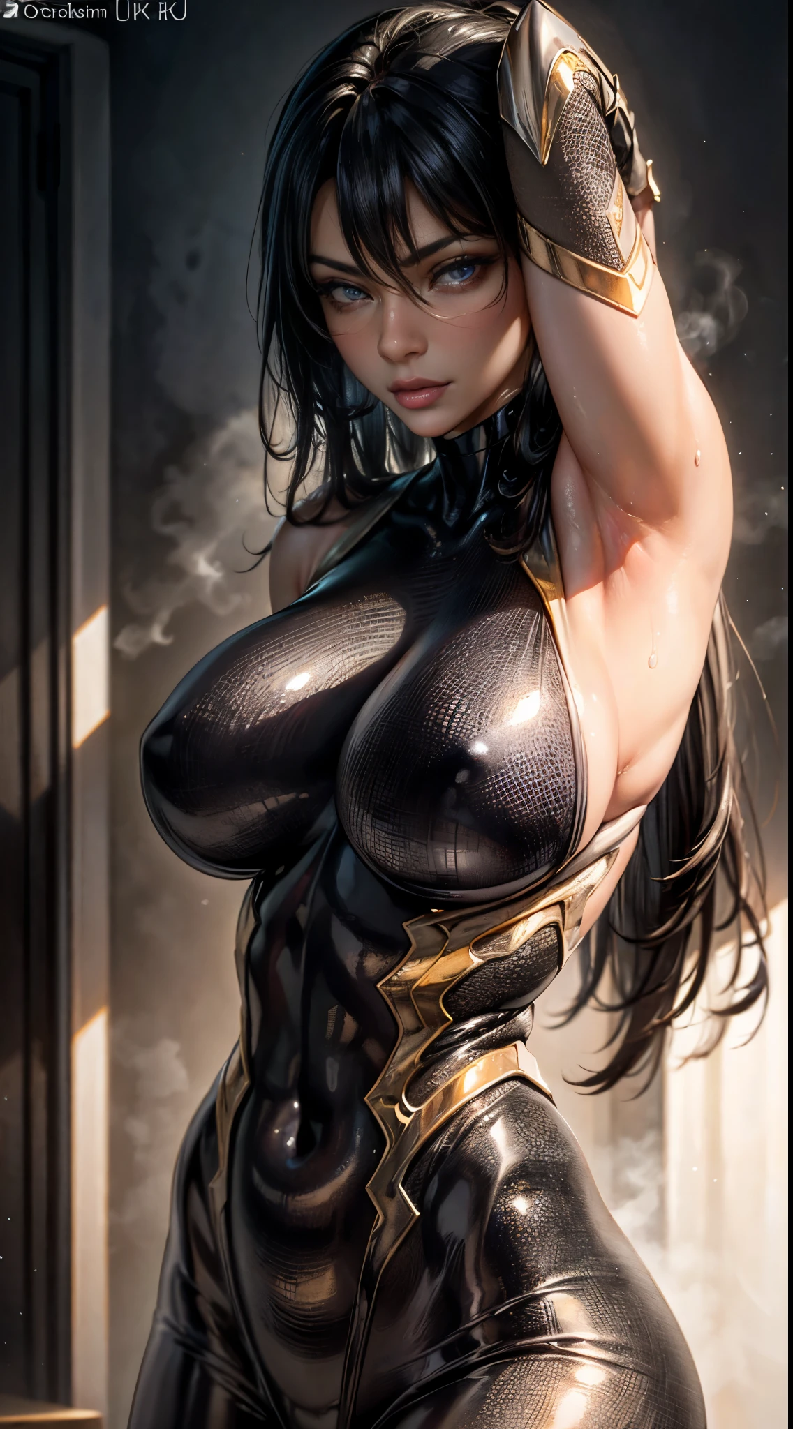  (best quality,4k,8k,highres,masterpiece:1.2),ultra-detailed,(realistic,photorealistic,photo-realistic:1.37),beautiful girl,long straight black hair,fit body,

ultra-detailed armpit,beautiful detailed sweat pores,smooth skin texture,meticulously rendered,

(sleeveless black bodysuit, glowing golden linings), (steamy:1.2), beautiful blue eyes, (seductive face:1.2), (dark skin).