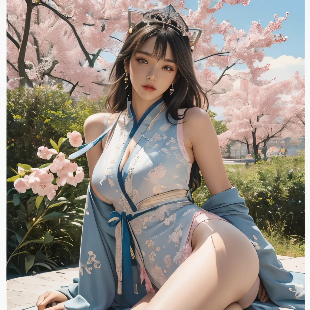 Blue sky and white clouds，Yunshan in the distance，pink flowers，Cherry tree，Hanfu woman,Phoenix Crown Tiara、Detailed embroidery、Wearing Hanfu pantyhose、Wearing sleeveless Hanfu、Transparent underwear clearly visible、Look and、Bare oversized breasts、raw,(8k、top quality、masterpiece:1.8)、(intricate details:1.8)、(Realism:1.8)、Octane number renderings、Complex 3D renderings with ultra-details, Studio soft light, edge light, Vibrant details, Super details, Realistic skin texture, Details, beautiful eyes, Very detailed CG Unity 16k wallpaper, cosmetic, (Detailed background:2.0), skin glowing、spread your legs，Camel toe showing thigh!!!、