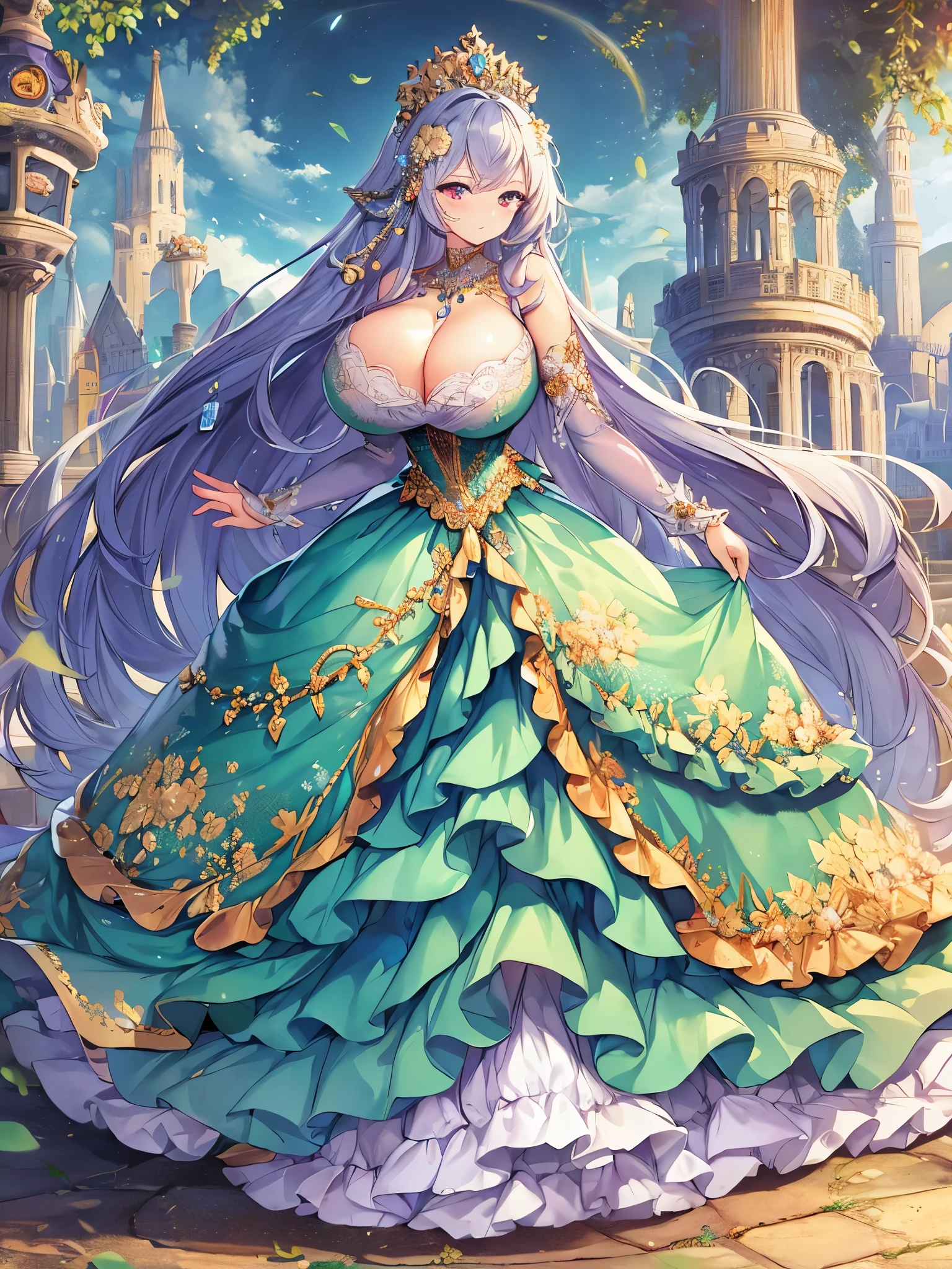 anime artstyle,Masterpiece,Best Quality,Super Detail,Very Delicate and Beautiful,Solo,full body,full body portrait,((1 princess in a jeweled rococo ballgown with beautiful embroidery)),(((very gigantic tits))),cleavage,Skindentation,((fantasy castle,outdoor)),((crinoline,long train)),super detailed gorgeous princess ballgown with voluminous full length hoop skirt,gorgeous princess rococo ballgown with long train,gorgeous princess rococo ballgown with beautiful embroidery and jeweled,(detailed face and eyes),jewel-like eyes,((extremely voluminous straight Hair,Extremely Long Straight Hair)),extremely gorgeous hair ornament,((extremely gorgeous jeweled big tiara)),luxurious jewelry,((super detailed gorgeous princess rococo ballgown with voluminous full length hoop skirt)),full body