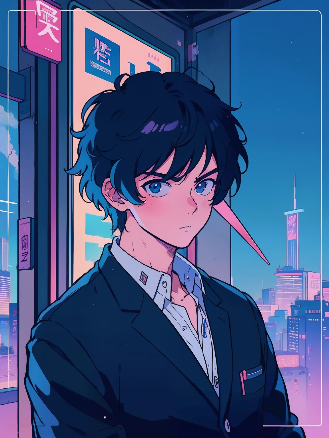 Businessman、Web marketing、 Lofiatostyle, Lofiato, official fan art, portrait of lofi, high quality fan art, Makoto Shinkai ( apex legend ), In 80&#39;s anime art style, digital anime illustration, suit figure, Makoto Shinkai art style, Portrait anime man in his 20s、Upper body