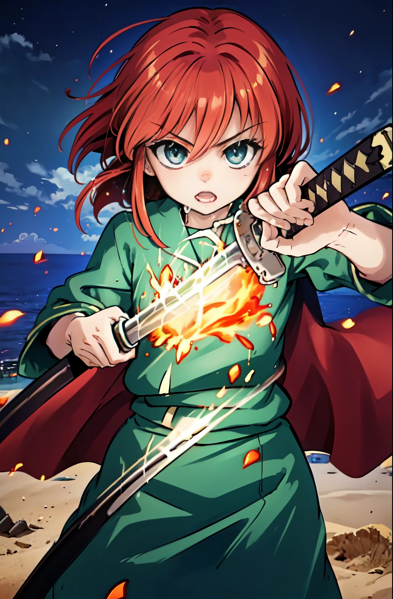 1 girl, cowboy shot, rubble ruins, anger, (battle preparation:1.2), open your mouth, (night:1.2), explosive inflammation,shana, red eyes, redhead, very long hair, hair between eyes, (Ahoge:1.1), , school uniform, serafuku, white shirt, short sleeve, green skirt, Thighhighs, black rider suit,Japanese sword wrapped in flames with both hands 1:have 1, (masterpiece:1.2), highest quality, High resolution, unity 8k wallpaper, (shape:0.8), (beautiful and detailed eyes:1.6), highly detailed face, perfect lighting, Very detailed CG, (perfect hands, perfect anatomy),(cowboy shot:1. 5)