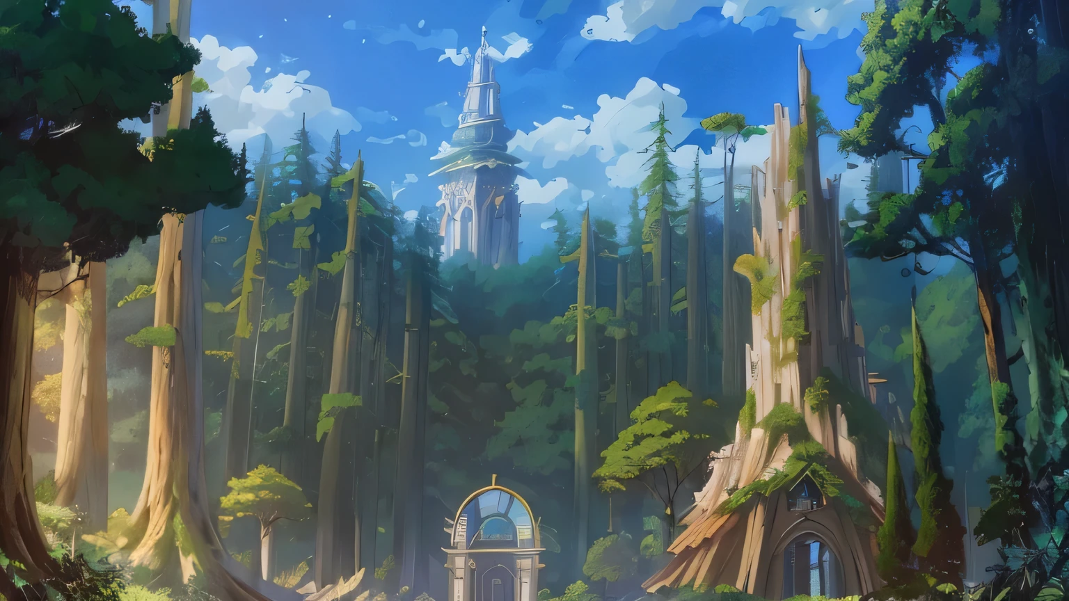 There is a painting of the forest,There are 2 European-style buildings,There are many trees, Anime Landscape Concept Art, sky forest background, anime background art, background art, Stunning mysterious background, Anime landscape wallpaper, background artwork, forest punk background, steampunk forest background, beautiful anime scenery, Anime nature wallpaper, distant forest, Art Nouveau Jungle Environment