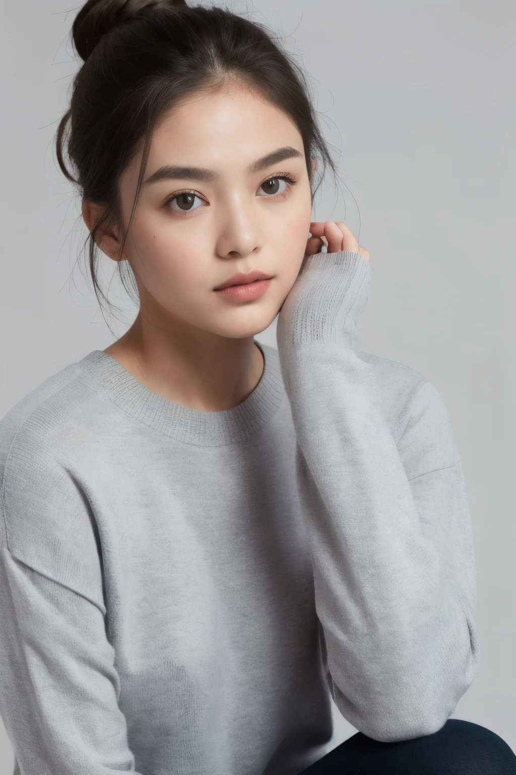 ((highest quality)), ((masterpiece)), (be familiar with), perfect face, gray background, studio photography, diagonal composition, Normal mind, white crewneck knit