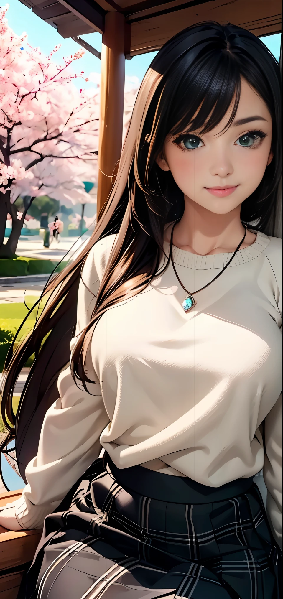 ((table top, highest quality, High resolution, nffsw, perfect pixel, Depth of written boundary, 4k, nffsw, nffsw))), 1 girl, single, alone, beautiful anime girl, beautiful art style, anime character, ((long hair, bangs, brown hair)), ((green eyes:1.4, round eyes, beautiful eyelashes, realistic eyes)), ((detailed face, blush:1.2)), ((smooth texture:0.75, realistic texture:0.65, realistic:1.1, Anime CG style)),  dynamic angle, ((black sweater, long sleeve, black skirt, plaid skirt, Snazzy, 1 diamond necklace)), smile,  amusement park, ((cherry blossoms, cherry blossomsの花が散る))