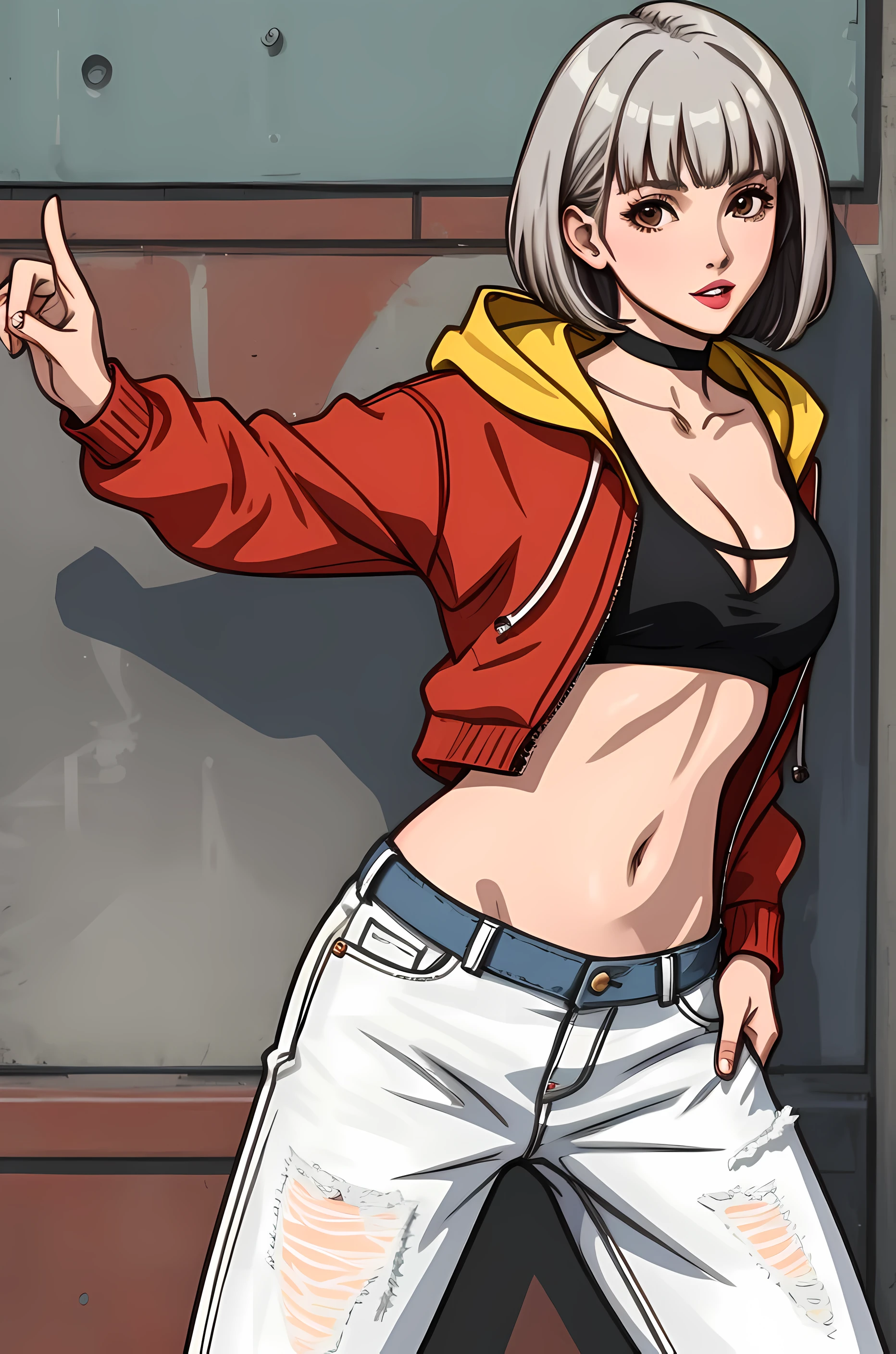 (highest quality,super resolution,realistic:1.37),beautiful girl,silver short bob hairstyle,small face,[black choker],[white tube top],[hooded coat],[short jeans],[platform sneakers], sexy cleavage, Gorgeous thighs, pale pink lips, Hair combing gesture while looking at the camera