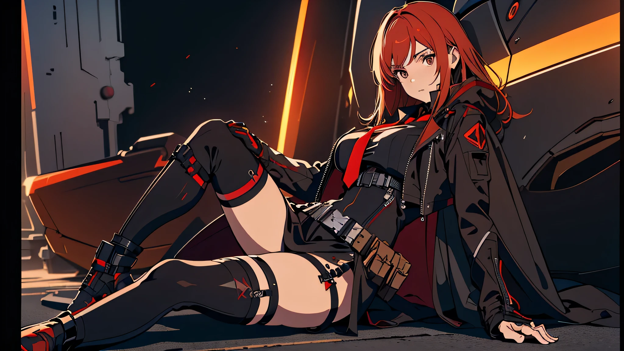 ((Best quality)), ((masterpiece)), (detailed:1.4), 3D, an image of a beautiful cyberpunk female, long burning red hair, burning hair, light brown eyes, red Barret, Black Soldier Shirt, Black under cloth, black panty, Grenade belt, Big chest, Big thigh, High thigh black knee sock, full view of girl, battlefield background, black combat boot, red necktie, black glove, black combat suit, black jacket, black cloak, black panty, ammo belt, HDR (High Dynamic Range),Ray Tracing,NVIDIA RTX,Super-Resolution,Unreal 5,Subsurface scattering,PBR Texturing,Post-processing,Anisotropic Filtering,Depth-of-field,Maximum clarity and sharpness,Multi-layered textures,Albedo and Specular maps,Surface shading,Accurate simulation of light-material interaction,Perfect proportions,Octane Render,Two-tone lighting,Wide aperture,Low ISO,White balance,Rule of thirds,8K RAW,