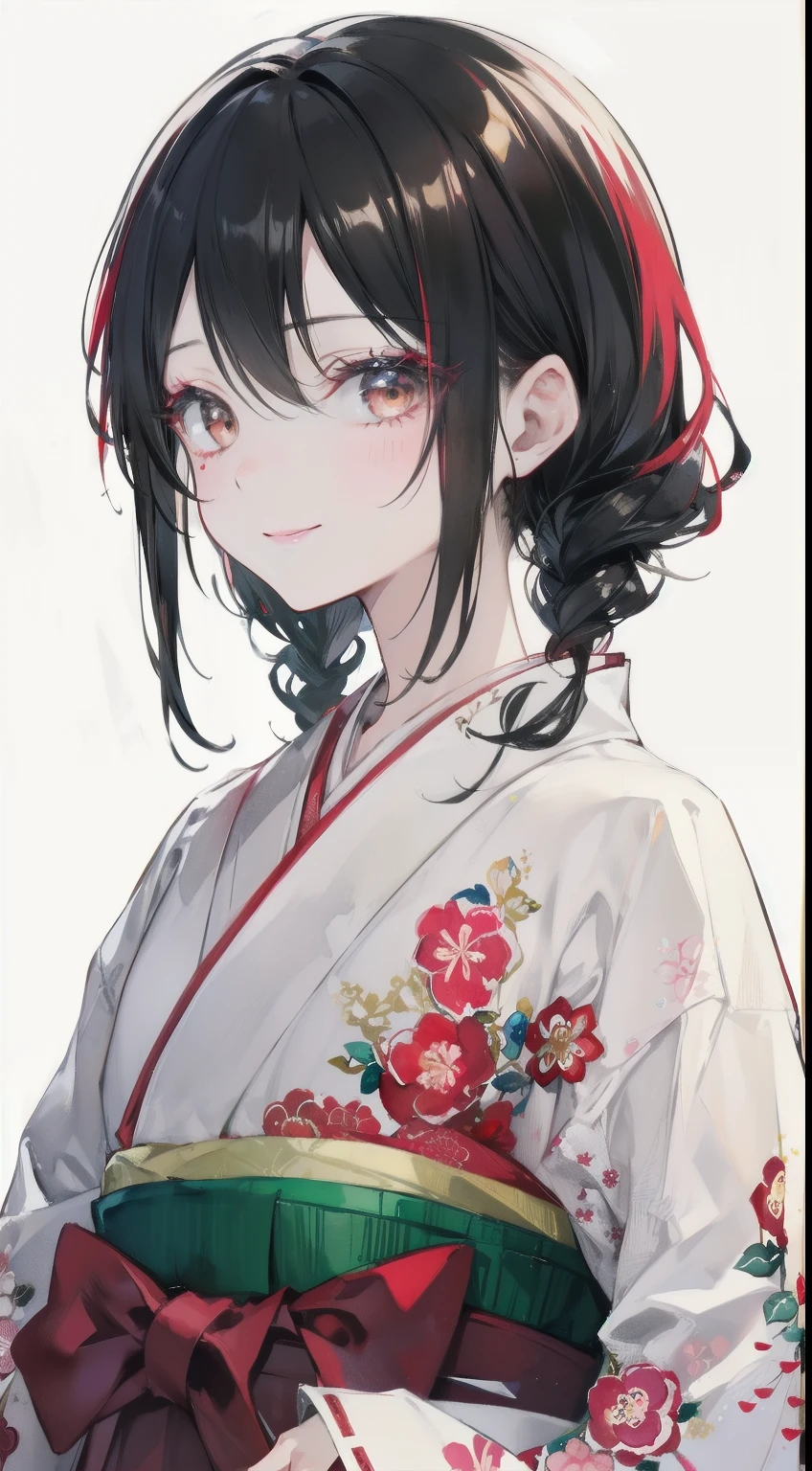 highest resolution、An illustration、1 girl、beautiful face、cute、Mature、white background、(watercolor:1.2)、2D、Upper body、Black floral kimono、Oiran、Hakama、black hair、all back、Forehead、red lipstick、flashy makeup、Yankee、fearless smile、squinting、red blush under the eyes、white skin、Are thin、graduation ceremony、brown eyes、droopy eyes