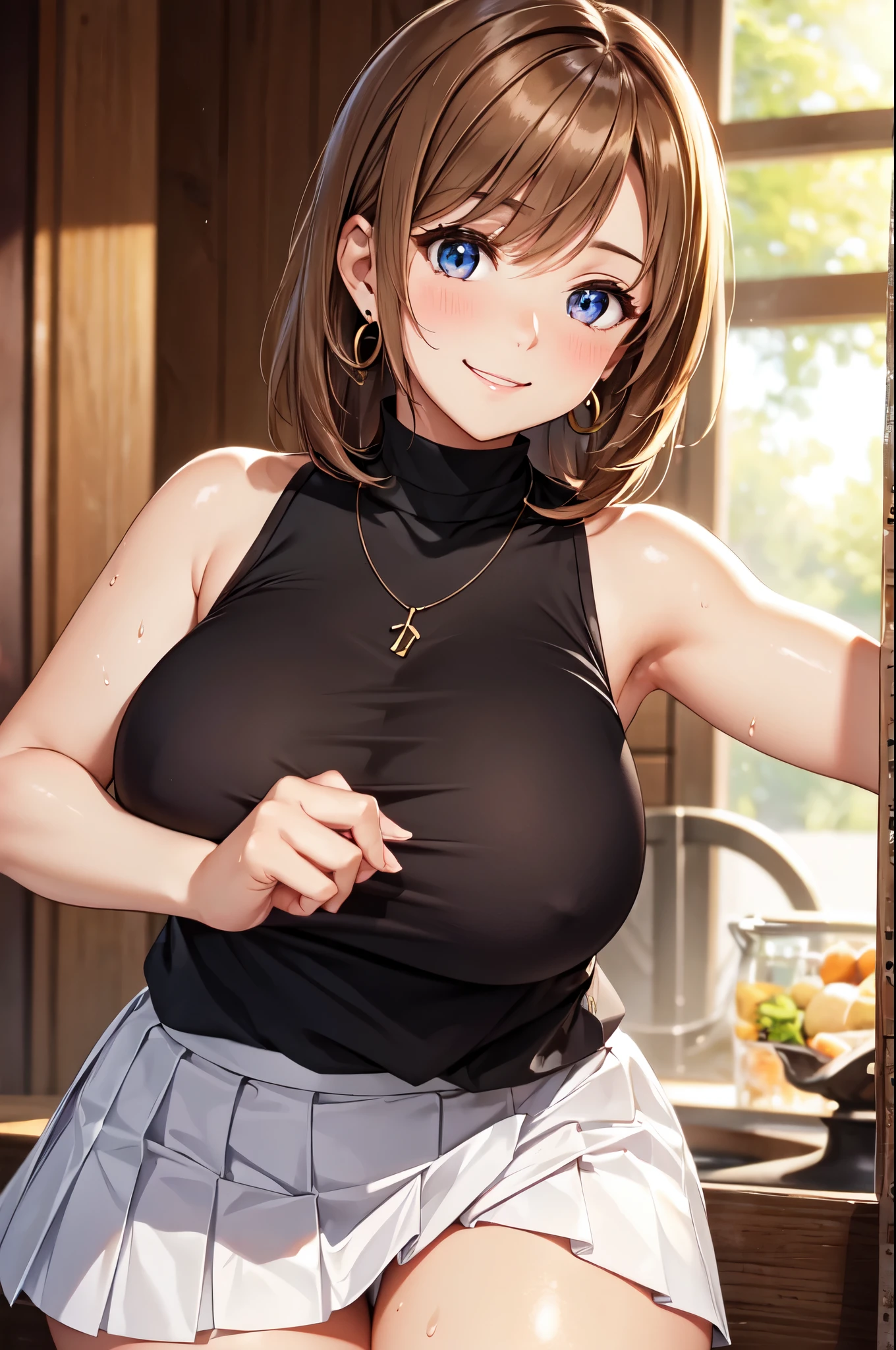 (High quality, High resolution, Fine details), BREAK (White pleated skirt), BREAK (Black sleeveless shirt), Necklace, Earrings, solo, curvy women, BREAK light brown hair, Stylish hairstyle, sparkling eyes, (Detailed eyes:1.2), smile, blush, Sweat, Oily skin, shallow depth of field