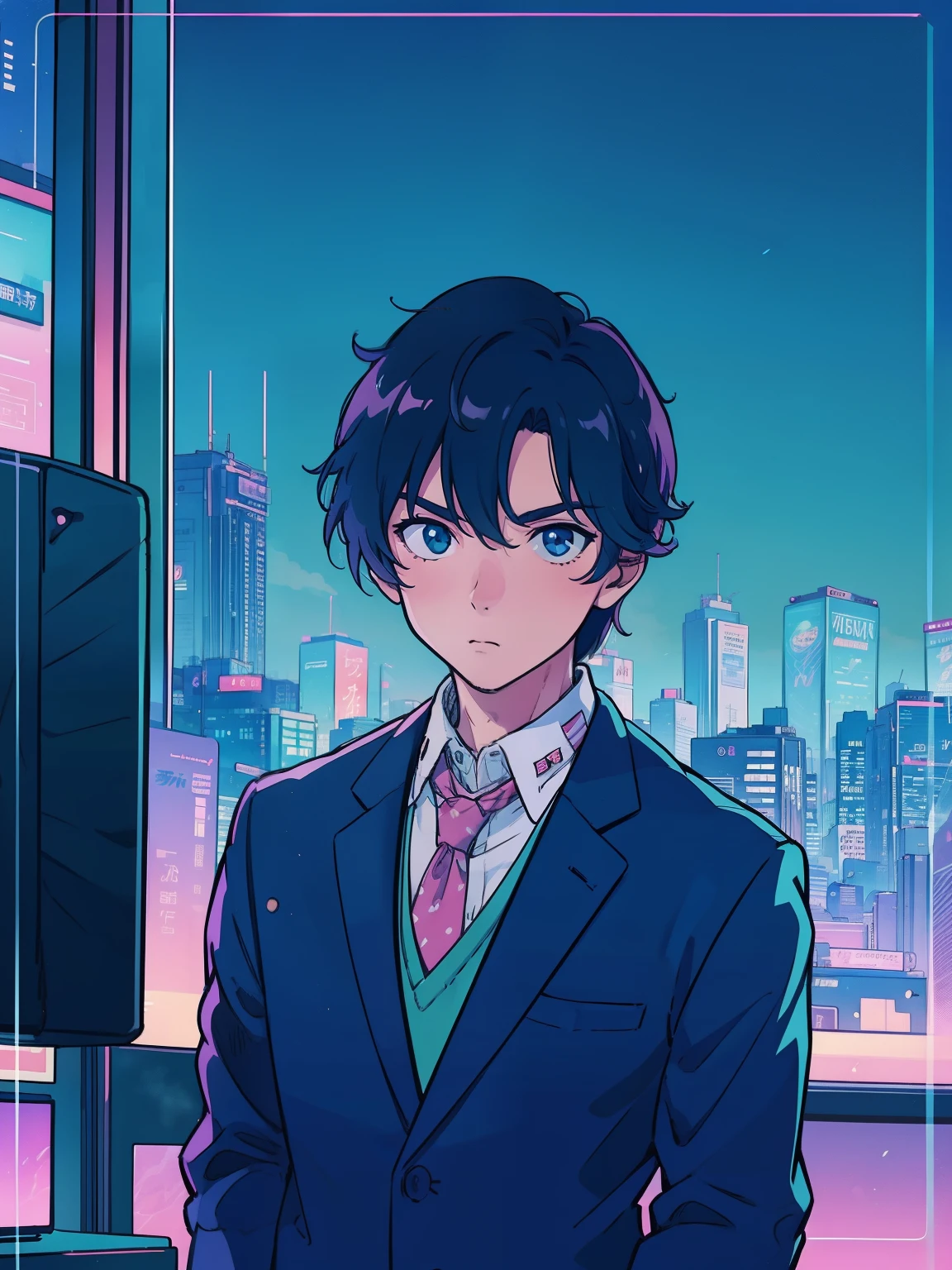 Businessman、Web marketing、 Lofiatostyle, Lofiato, official fan art, portrait of lofi, high quality fan art, Makoto Shinkai ( apex legend ), In 80's anime art style, digital anime illustration, suit figure, Makoto Shinkai art style, Portrait anime man in his 20s、Upper body、computer