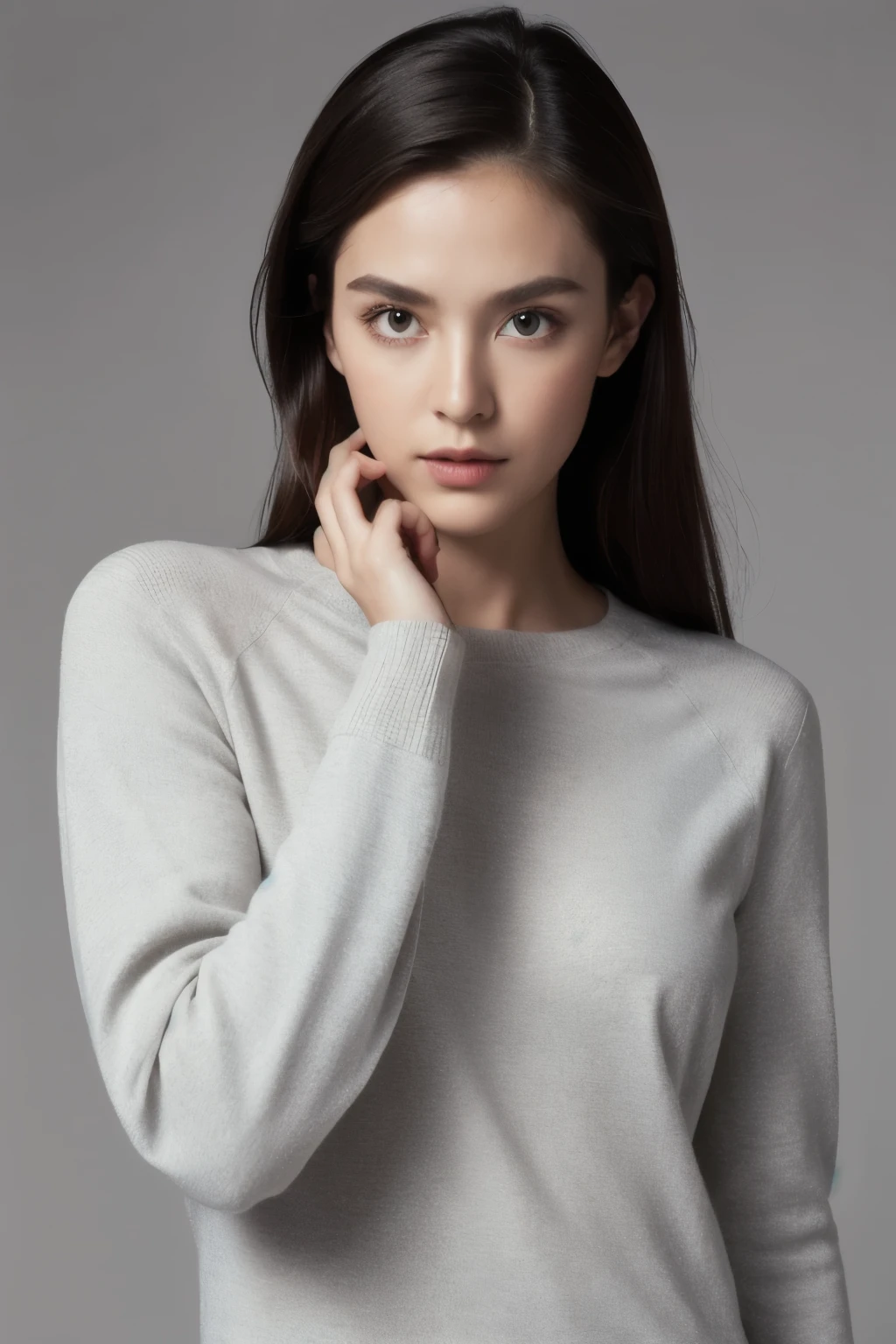 ((highest quality)), ((masterpiece)), (be familiar with), perfect face, gray background, studio photography, diagonal composition, Normal mind, white crewneck knit