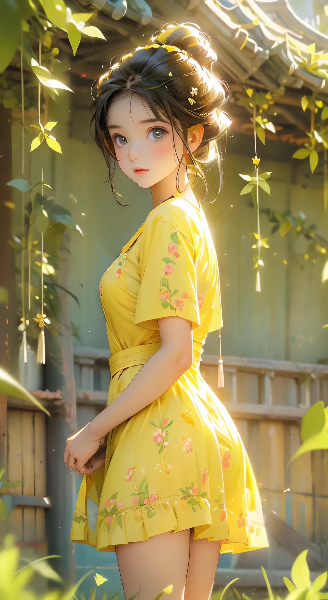 Anime portrait picture of a beautiful cute  girl in a lonely meadow, wearing flowery short yellow color swirly frock, attractive feminine form, beautiful thighs, morning light, Disney Pixar