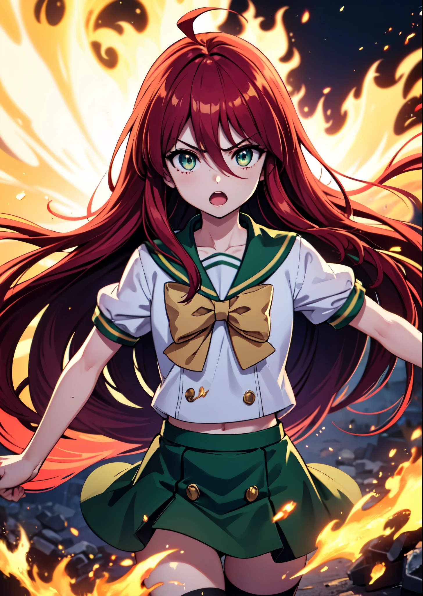1 girl, cowboy shot, rubble ruins, anger, (battle preparation:1.2), open your mouth, (night:1.2), explosive inflammation,shana, red eyes, redhead, very long hair, hair between eyes, (Ahoge:1.1), , school uniform, serafuku, white shirt, short sleeve, green skirt, Thighhighs, black rider suit,Japanese sword wrapped in flames with both hands 1:have 1, (masterpiece:1.2), highest quality, High resolution, unity 8k wallpaper, (shape:0.8), (beautiful and detailed eyes:1.6), highly detailed face, perfect lighting, Very detailed CG, (perfect hands, perfect anatomy),(cowboy shot:1. 5)