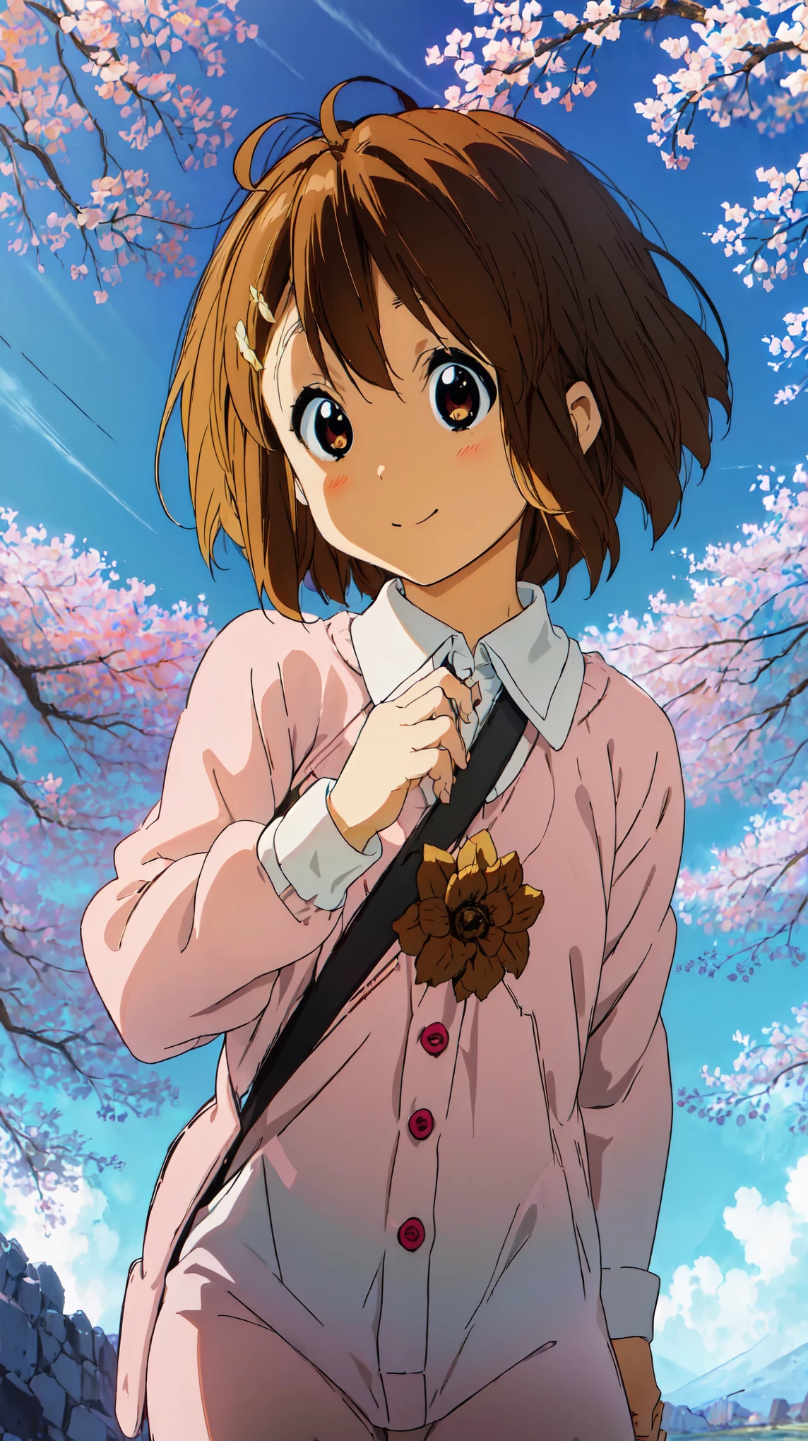 ((masterpiece)),(best quality,top quality,8k),waterpaint,illustration,paint,majestic,1girl,cute japanese girl wearing japanese school uniform,short hair,brown hair,shy face,smile,high sharpness,high res, ((girl, holding a flower viewing it to the viewer))