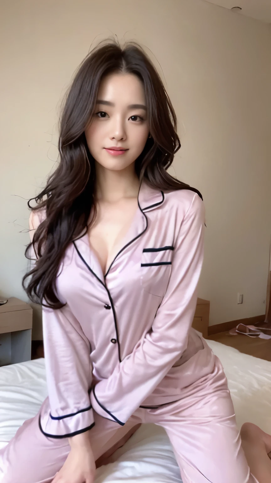 ((top-quality、8k、​masterpiece:1.3))、Beautiful woman with perfect body:1.4、slim abdomen:1.2、Longhair, normal breast, Highly detailed facial and skin texture, A detailed eye, delicate eyes, double eyelid, (smile), (full body shot), ((bedroom)), (kneeling on bed), (((wearing pyjamas)), looking in front