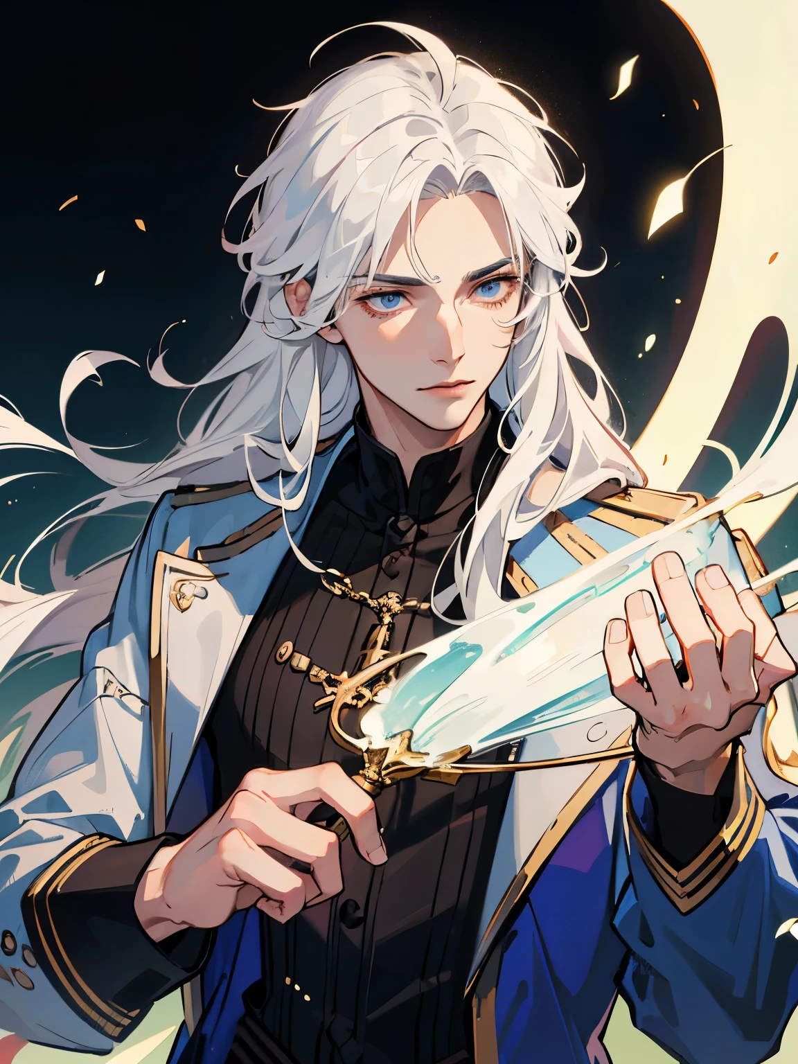 ((best quality)), ((muste piece)), perfect face,((1 male)),solo,man in his 20s,Handsome guy,white hair,long hair,magician,