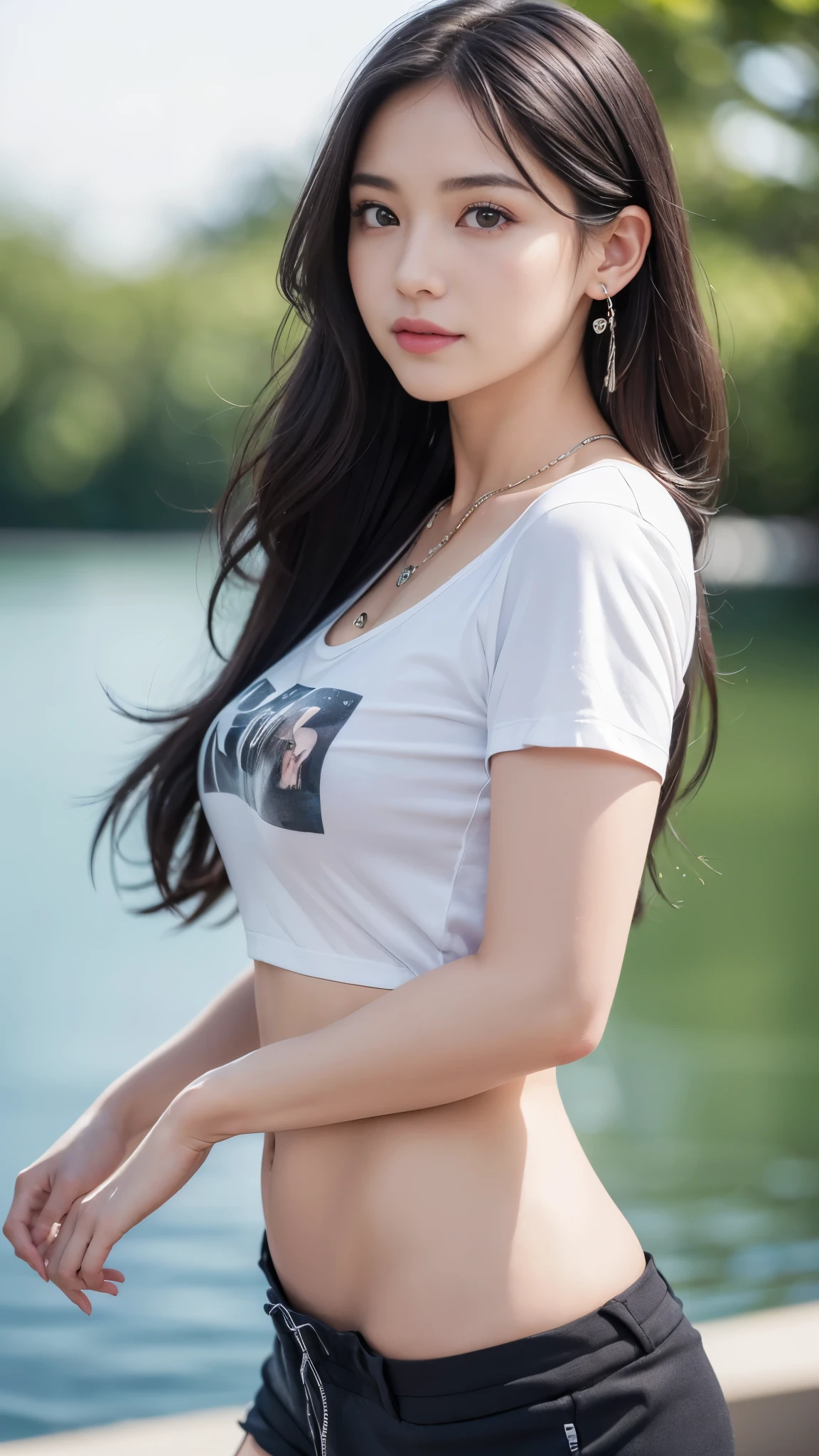 1japanese idol girl,(kawaii, moe, cute:1.1),black medium wavy hair,beautiful cute face,round face,,large eyes,(chubby:0.7),(narrow waist:1.1),huge breasts,small face,(necklace:1.1),earrings,
BREAK
(overwhelmingly beautiful artistic professional photo:1.3),
(stylish perfect famous sexy model:1.3),
(T-shirt, low-rise shorts:1.4),
spectacular stylish lake scape,(bokeh:1.5),
BREAK
(stylish seductive feeling:1.1),
(dynamic pose:1.3),dynamic angle,(artistic and stylish composition:1.5),
stylish model posing,full body,(standing:1.2),
cheeky facial expression,composed expression,smile,
BREAK
(absurdres:1.3),(ultra detailed photograph:1.5),(detailed face and skin:1.3),(ultra high res:1.5),(photorealistic:1.5),hyperrealistic photography,best quality,symmetric clear eyes,well-groomed face,(ray tracing:1.3),