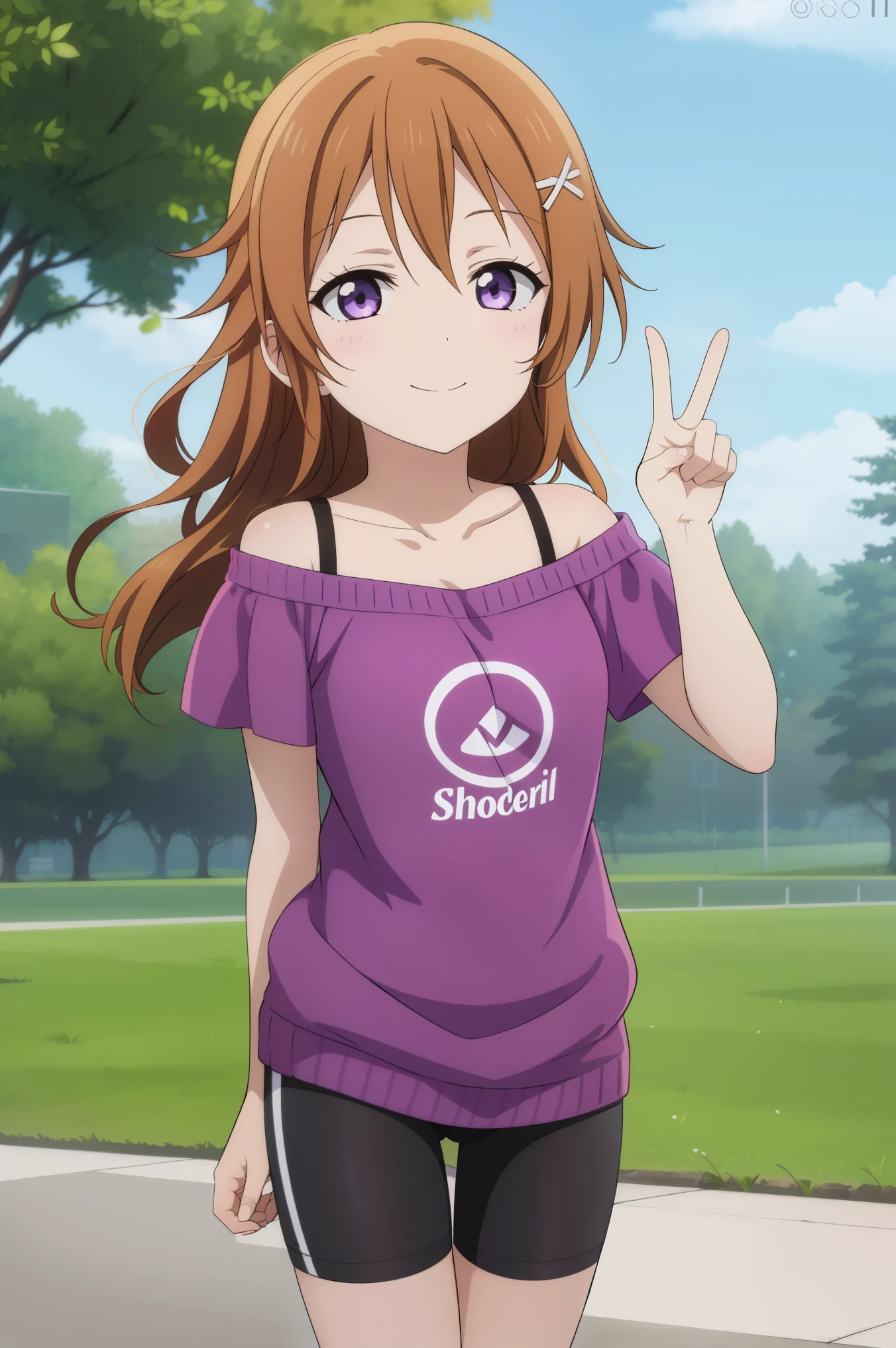 (best quality, masterpiece:1.2), (1girl, solo:1.2), smile, Konoe kanata, long hair, straight hair, purple eyes, brown hair, off-shoulder, black strap, dress, purple t-shirt short, short sleeves, standing, solo focus, bike shorts, black bike shorts, looking ahead, pov, bike shorts, black bike shorts, double peace sign,