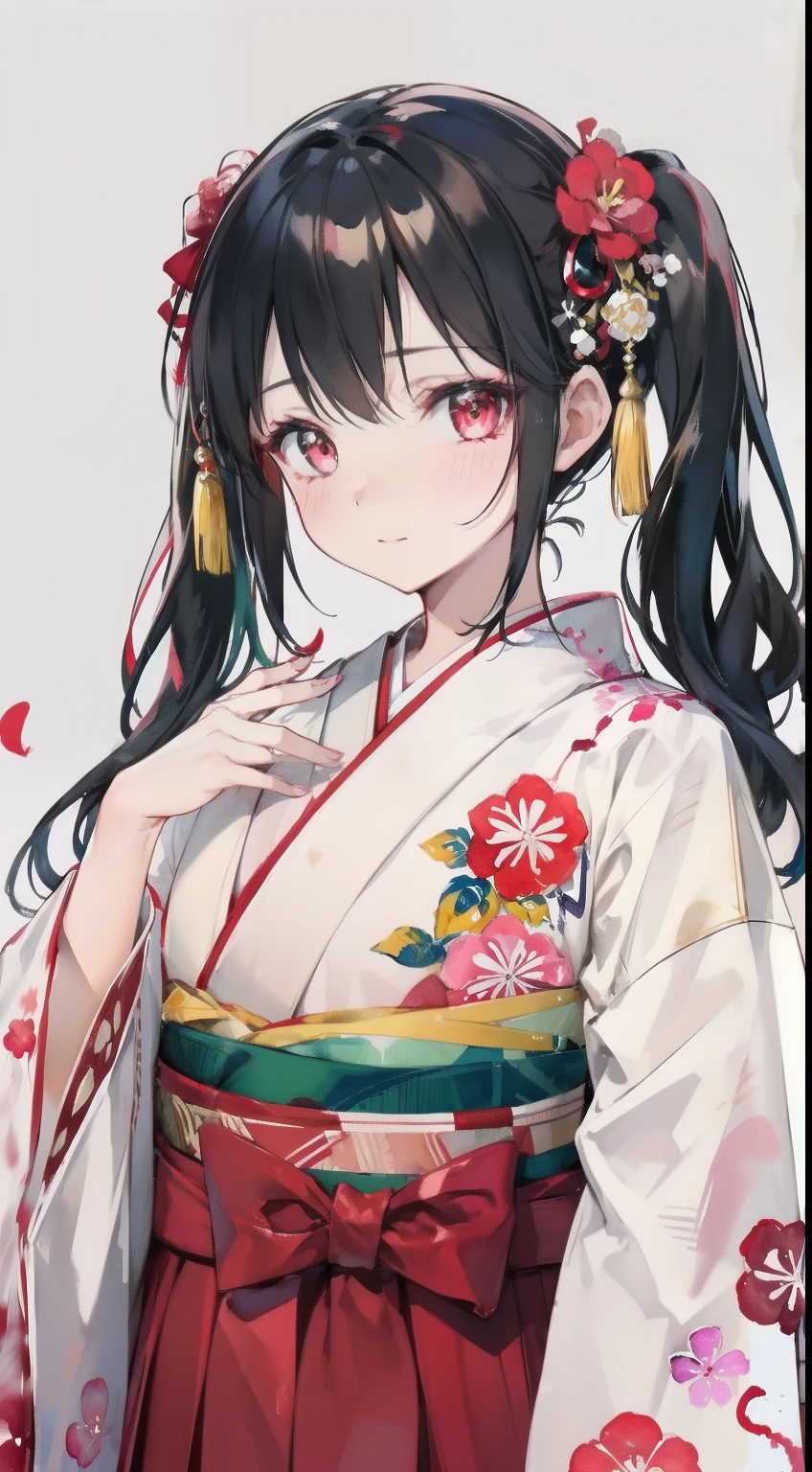 highest resolution、An illustration、1 girl、beautiful face、cute、white background、(watercolor:1.2)、2D、Upper body、black kimono、landmine、jirai、frills、pink hakama、black hair in twin tails、red lipstick、see-through bangs、Looks embarrassed、red blush under the eyes、Sorry face、graduation ceremony、pink eyes、droopy eyes