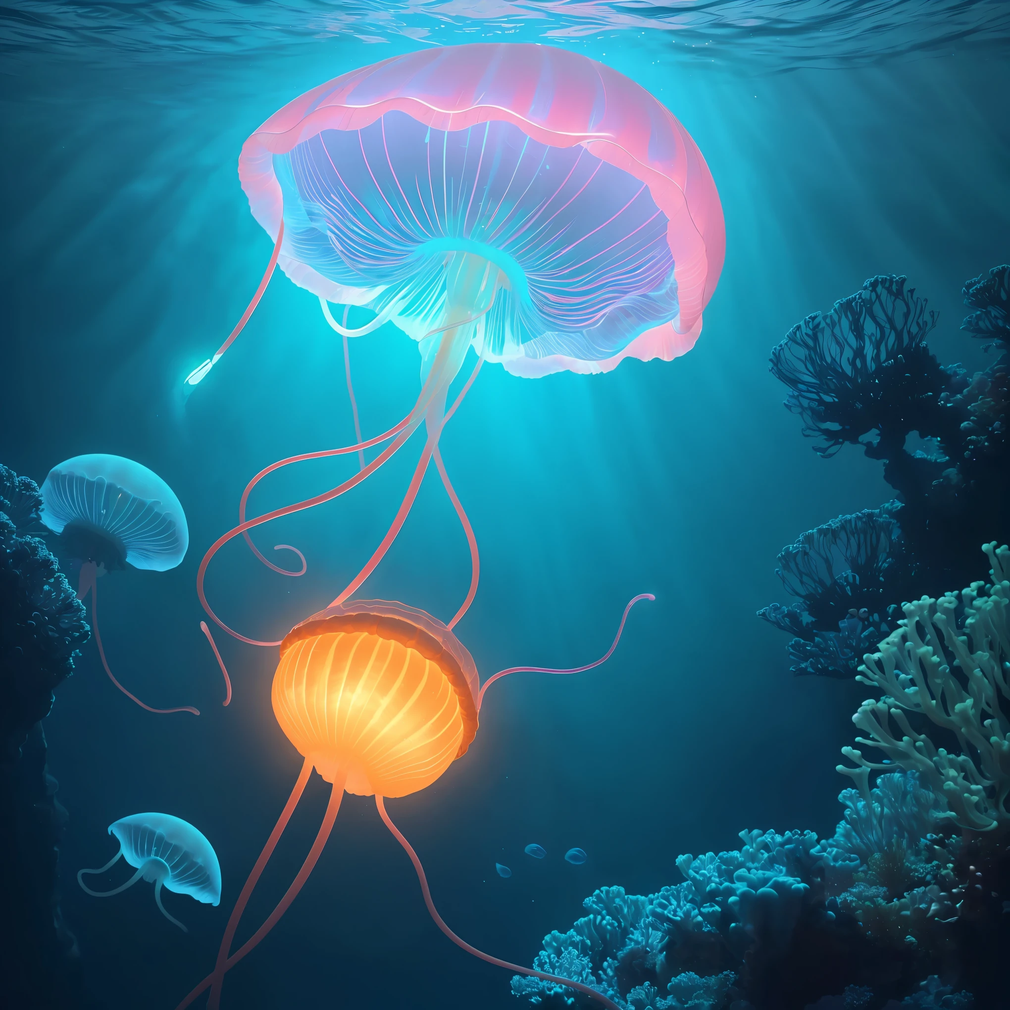 A glowing jellyfish floating underwater,translucent,body,sea creature,marine life,beautiful tentacles,(best quality,4k,8k,highres,masterpiece:1.2),ultra-detailed,(realistic,photorealistic,photo-realistic:1.37),underwater photography,vivid colors,studio lighting,bioluminescent