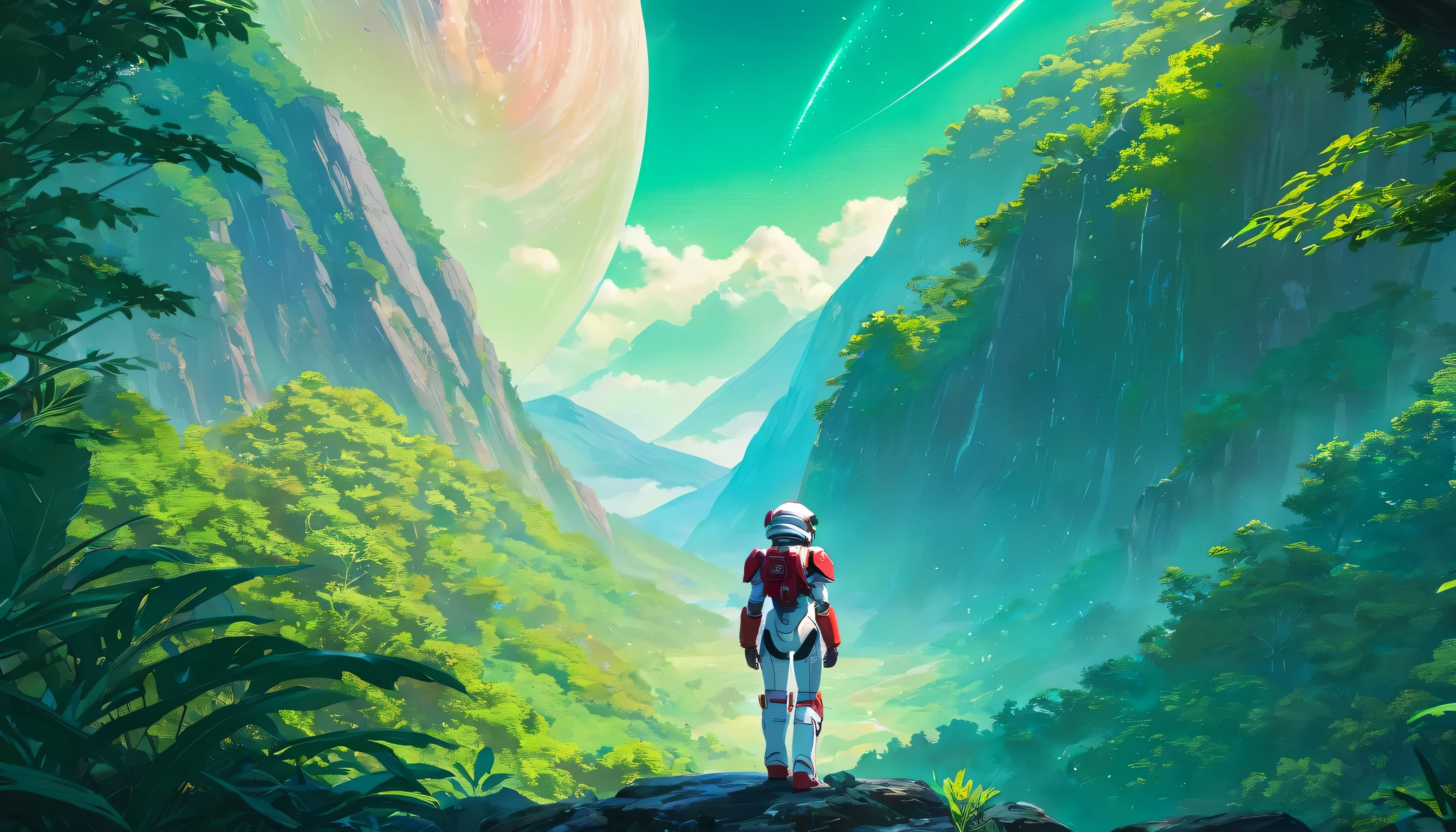 (35mmstyle:1.2), Highly detailed RAW color Photo, Rear Angle, Full Body, of (female space marine, wearing white and red space suit, futuristic helmet, tined face shield, rebreather, accentuated booty), outdoors, (standing on Precipice of tall rocky mountain, looking out at magical lush green rain forest on alien planet), vivid detail, (exotic alien planet), toned body, big butt, (sci-fi), (mountains:1.1), (lush green vegetation), (two moons in sky:0.8), (highly detailed, hyperdetailed, intricate), (lens flare:0.7), (bloom:0.7), particle effects, raytracing, cinematic lighting, shallow depth of field, photographed on a Sony a9 II, 35mm wide angle lens, sharp focus, cinematic film still from Gravity 2013, viewed from behind, dynamic angle