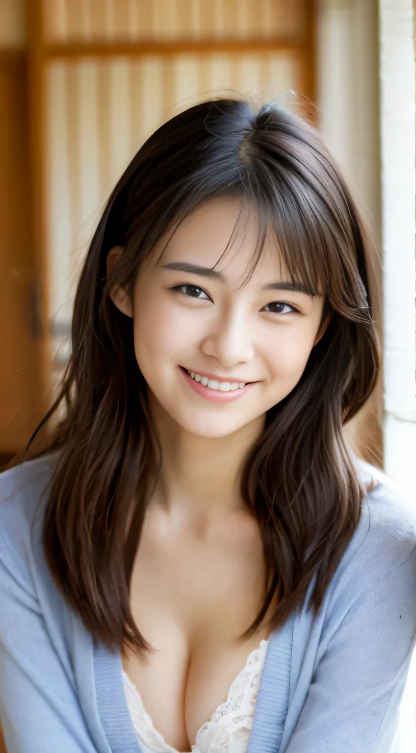 Japanese ),((beautiful girl)),cleavage,An expression that imagines something pleasant:1.2,(perfect body beauty:1.2),((perfect body)),(shy smile),beautiful teeth,